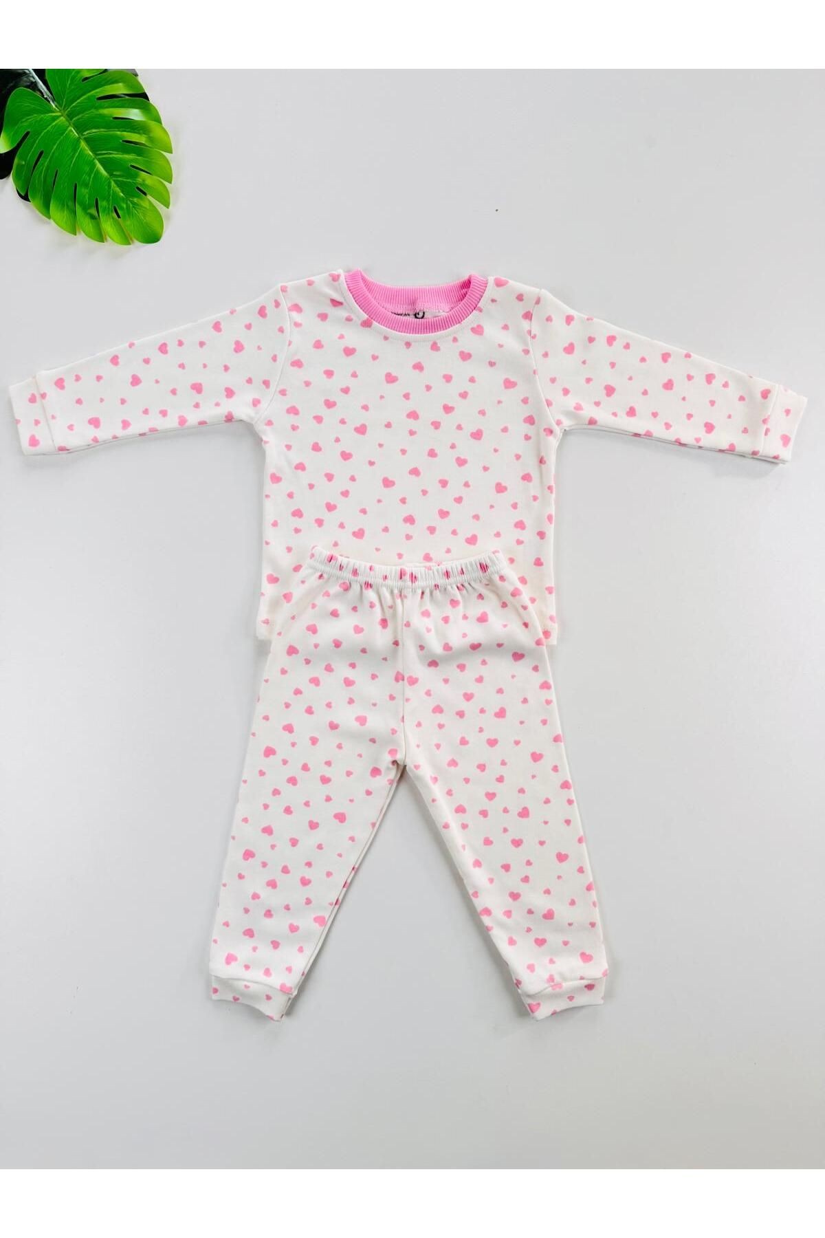 %100 Pamuklu Kalp Desenli Bebek Çocuk Pijama Takım - pembe
