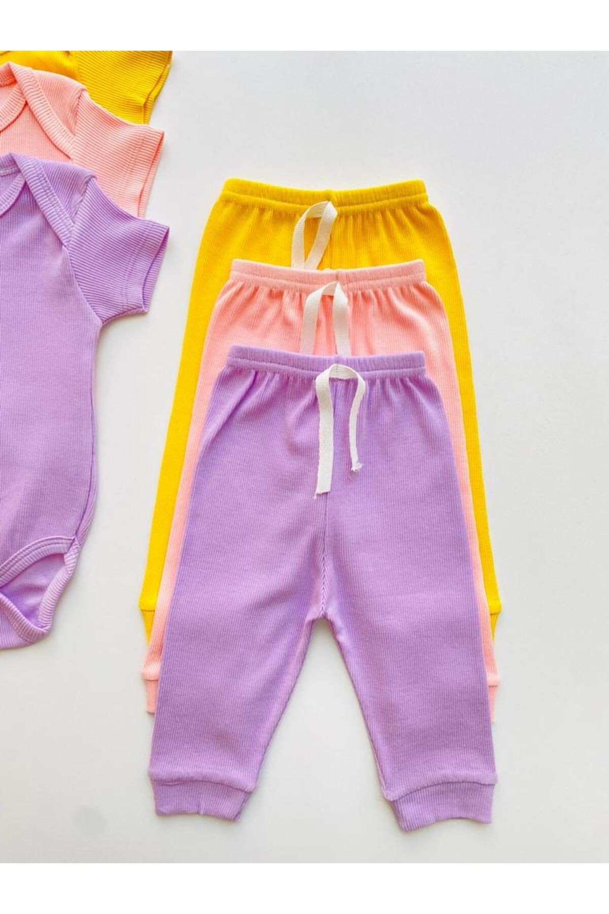 3'lü %100 Pamuklu Kısa Kol Bebek Body Pantolon Takım