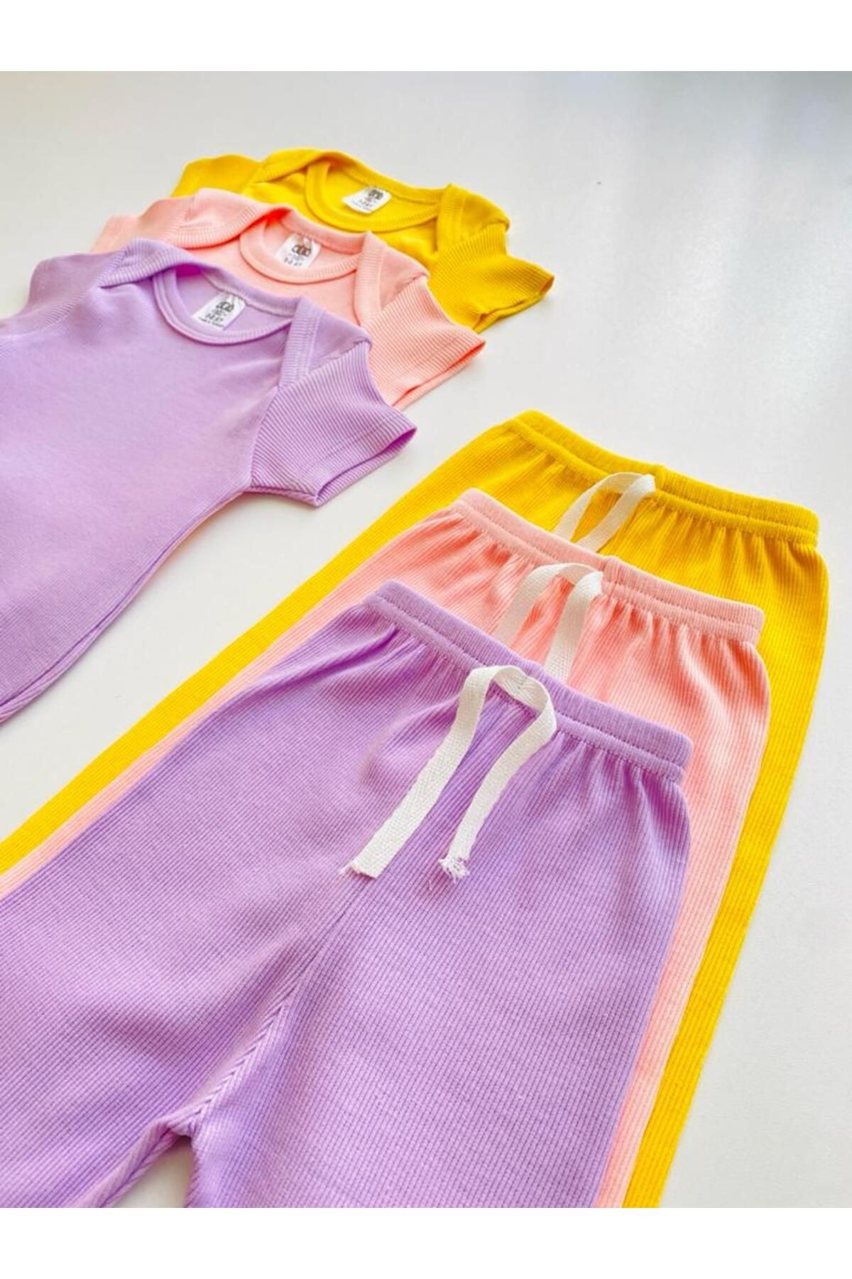 3'lü %100 Pamuklu Kısa Kol Bebek Body Pantolon Takım