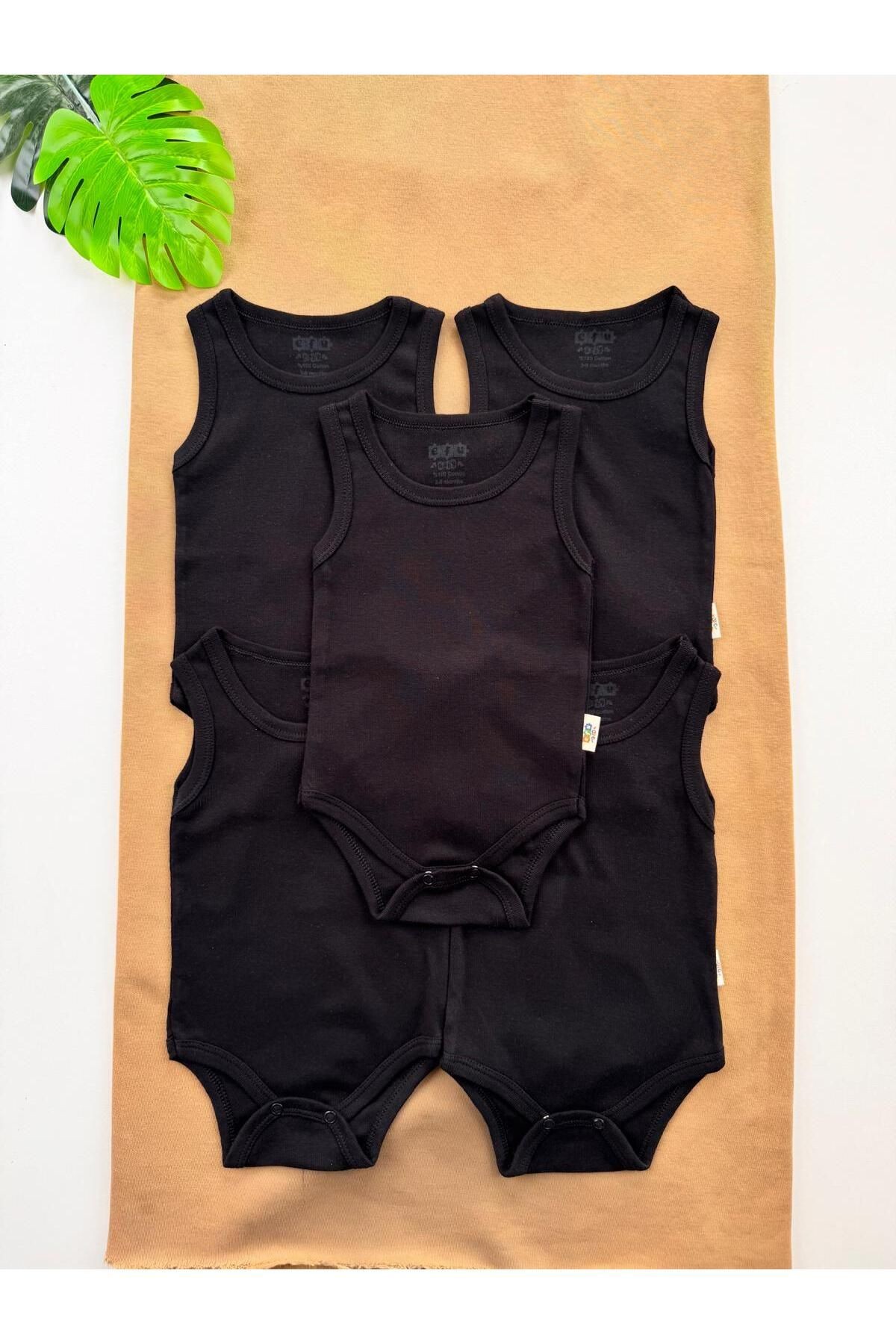 5'li Siyah %100 Pamuklu Askılı Bebek Atlet Body
