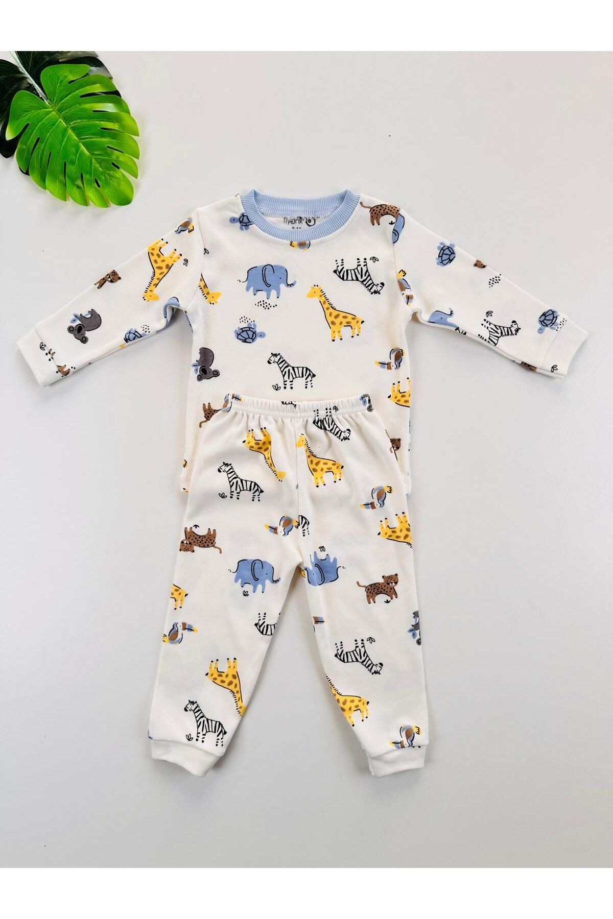 %100 Pamuklu Desenli Unisex Bebek Çocuk Pijama Takım - mavi