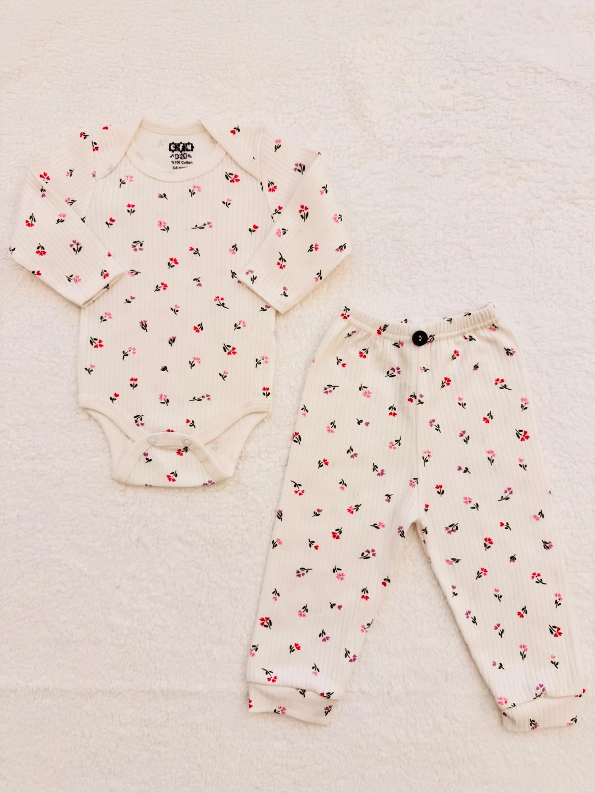 2li Çiçek Desenli %100 Pamuklu Unisex Bebek Takım