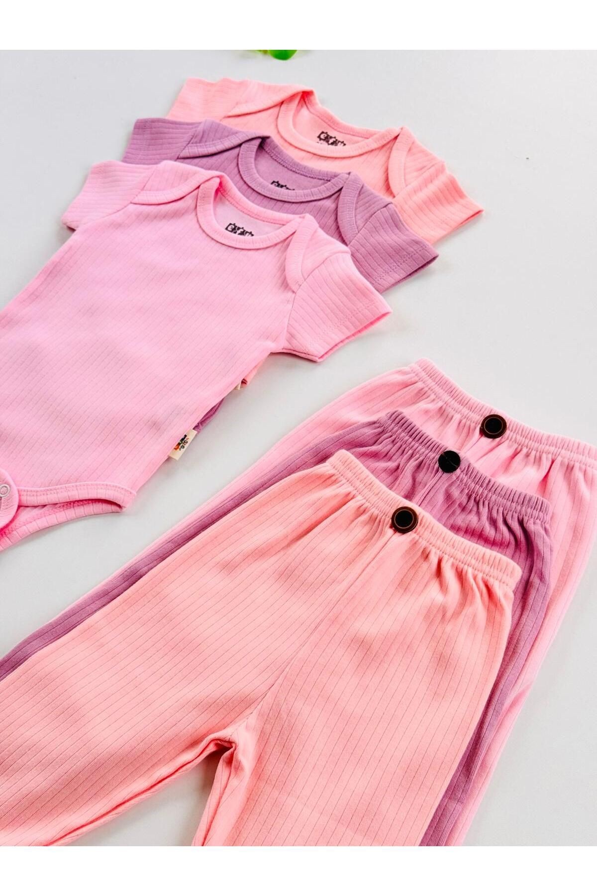 3'lü %100 Pamuklu Kısa Kol Kız Bebek Body Pantolon Takım