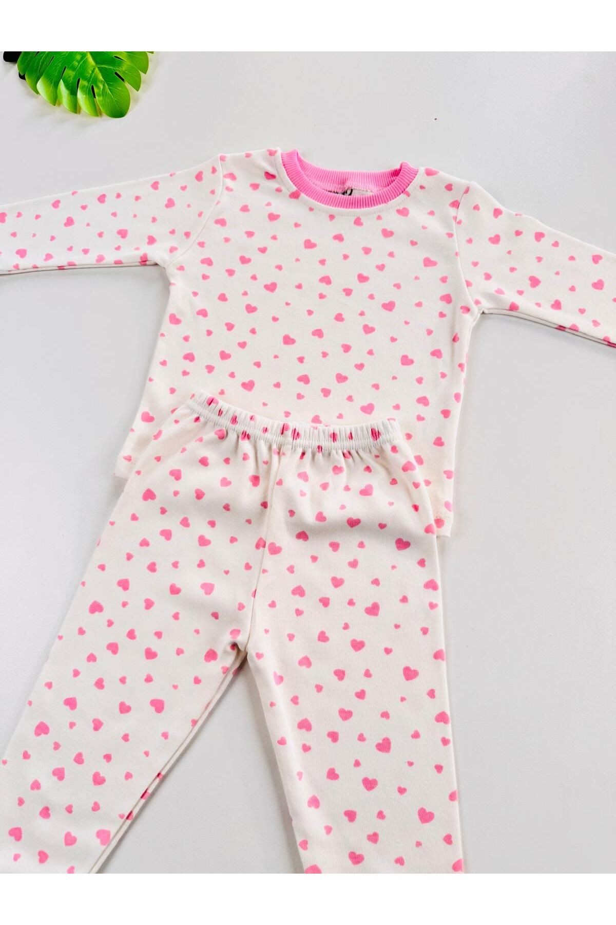 %100 Pamuklu Kalp Desenli Bebek Çocuk Pijama Takım