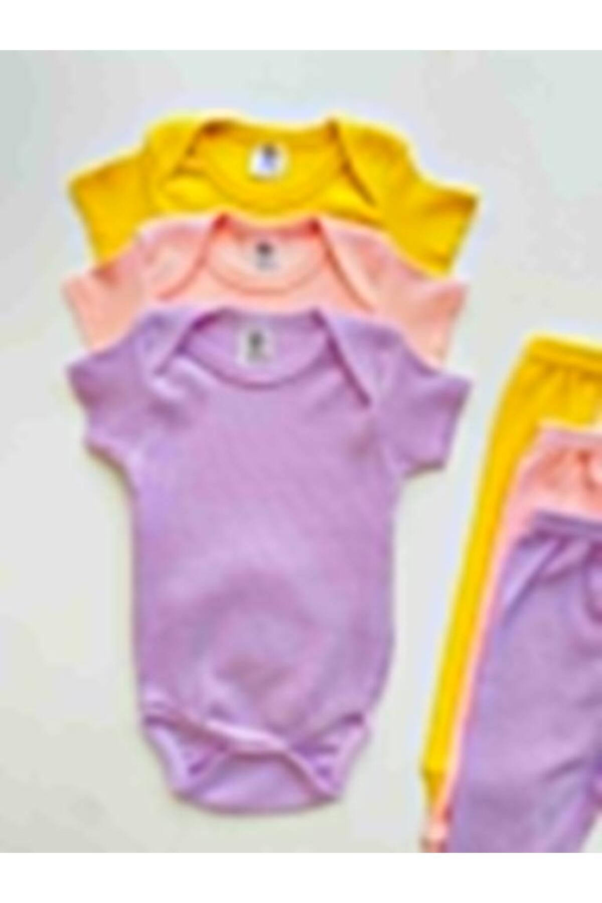 3'lü %100 Pamuklu Kısa Kol Bebek Body Pantolon Takım