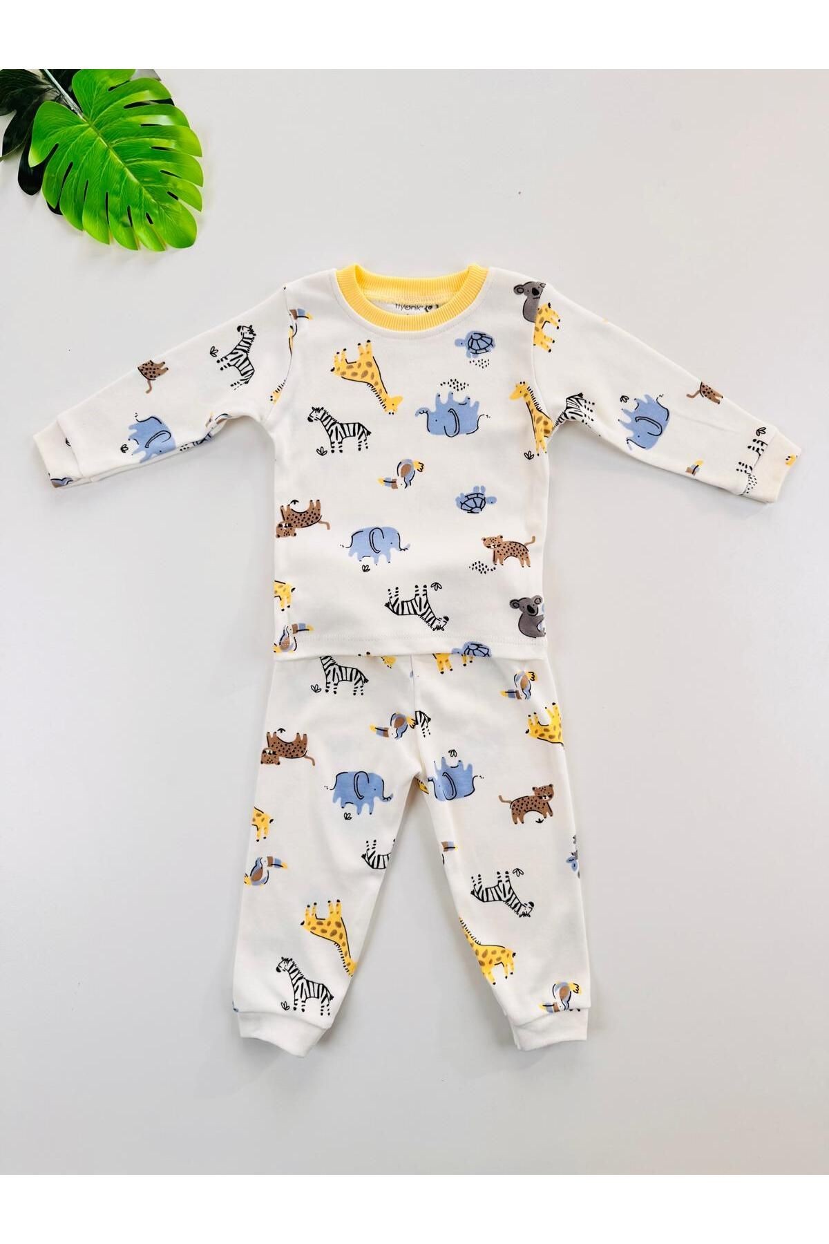 %100 Pamuklu Desenli Unisex Bebek Çocuk Pijama Takım