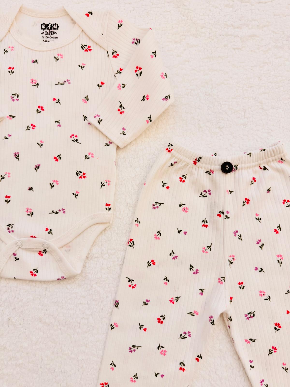 2li Çiçek Desenli %100 Pamuklu Unisex Bebek Takım