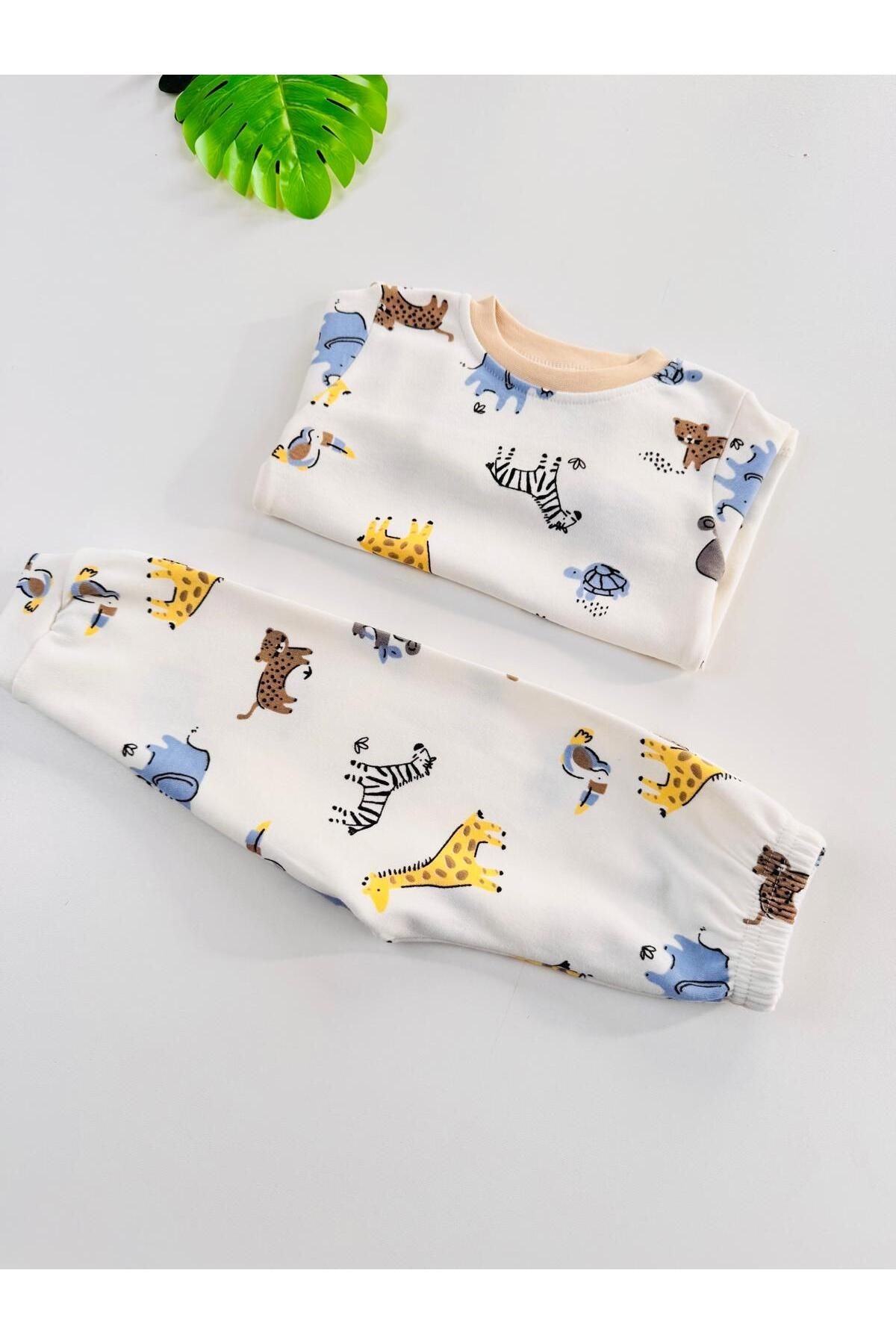 %100 Pamuklu Desenli Unisex Bebek Çocuk Pijama Takım