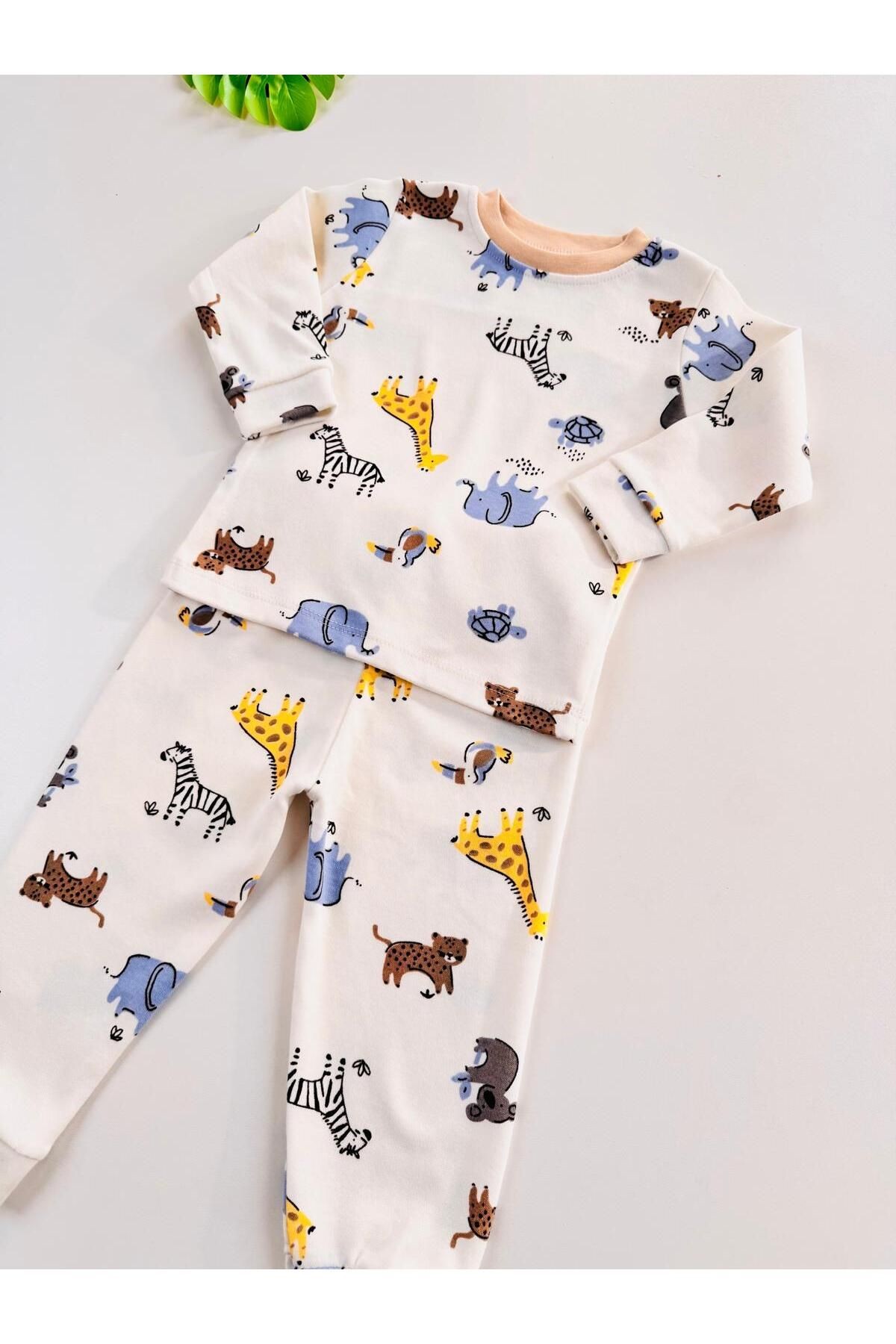 %100 Pamuklu Desenli Unisex Bebek Çocuk Pijama Takım