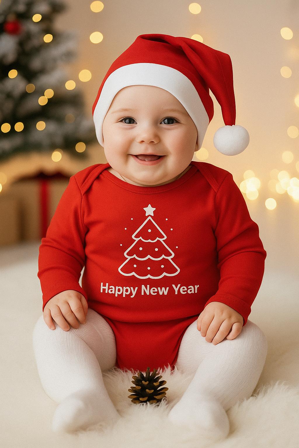 %100 Pamuklu Yılbaşı Temalı Happy New Year Bebek Body Zıbın