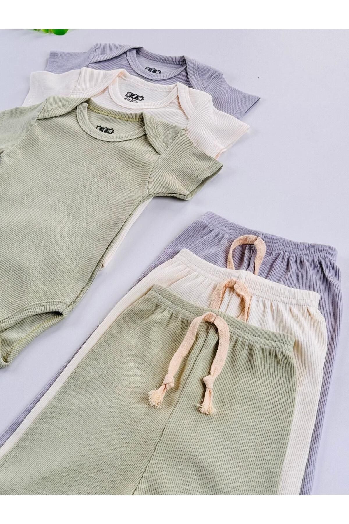 3'lü %100 Pamuklu Unisex Esnek Kısa Kol Kaşkorse Bebek Body Pantolon Takım