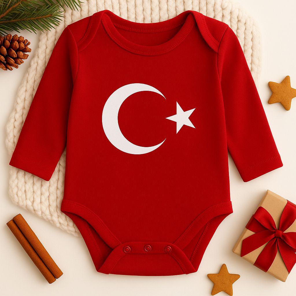 %100 Pamuklu Ay Yıldız Türk Bayrağı Baskılı Uzun Kollu Çıtçıtlı Bebek Body