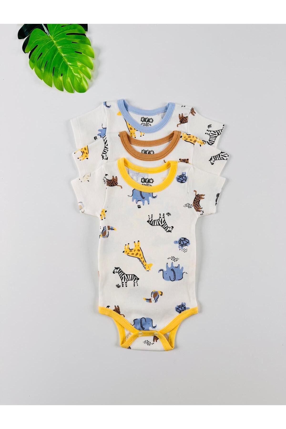 3'lü %100 Pamuklu Desenli Kısa Kol Unisex Bebek Body
