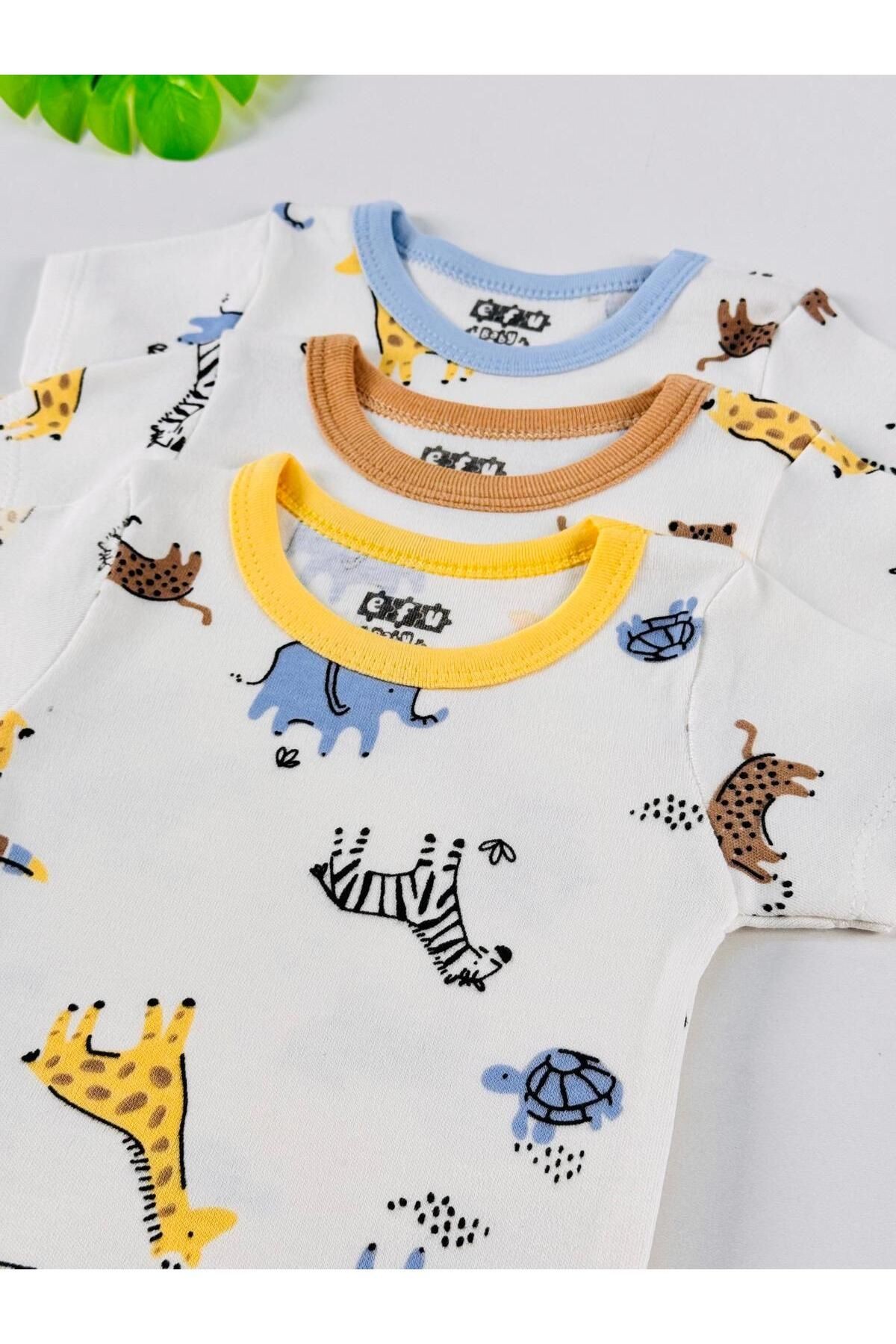 3'lü %100 Pamuklu Desenli Kısa Kol Unisex Bebek Body