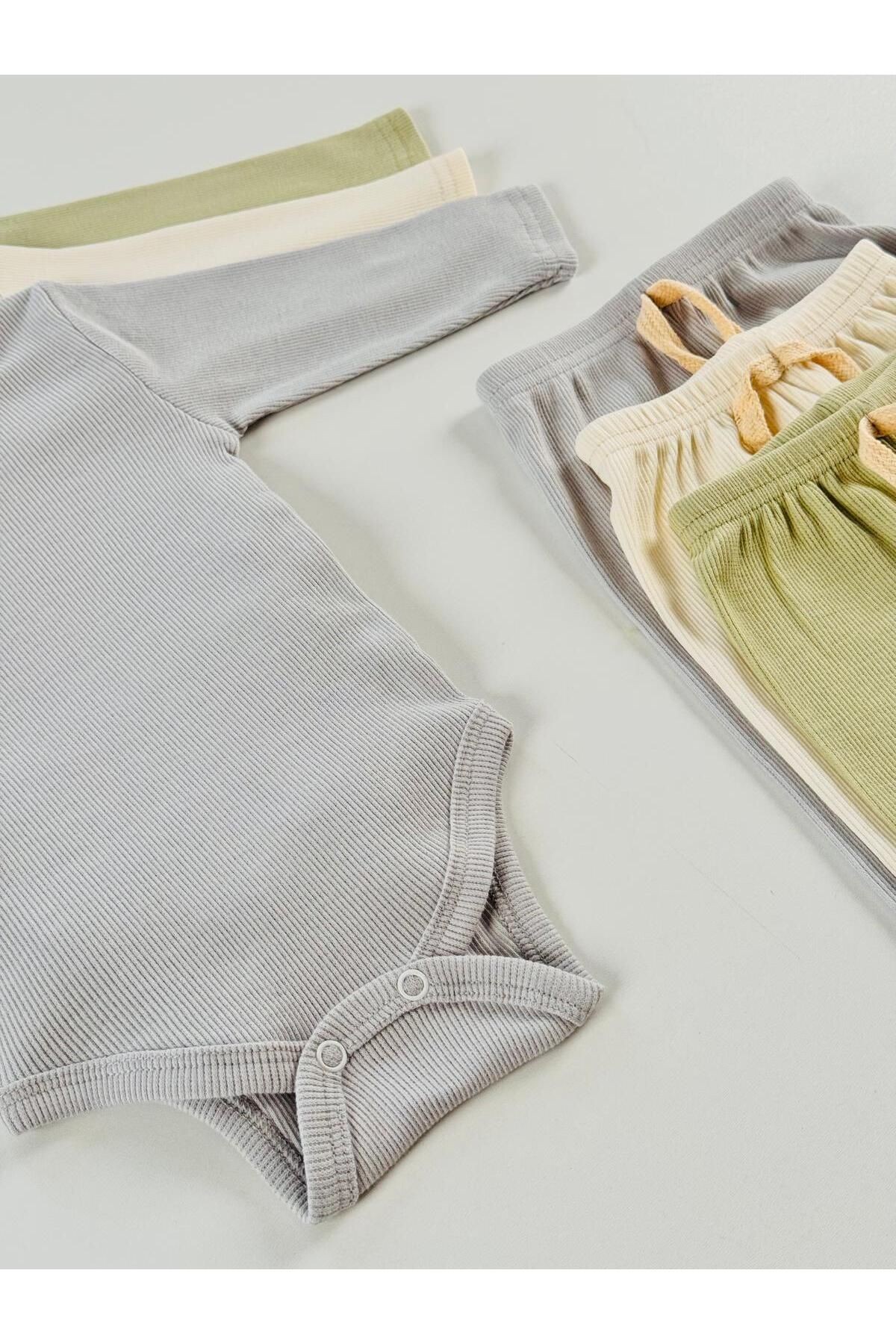 3'lü %100 Pamuklu Unisex Esnek Uzun Kol Kaşkorse Bebek Body Pantolon Takım