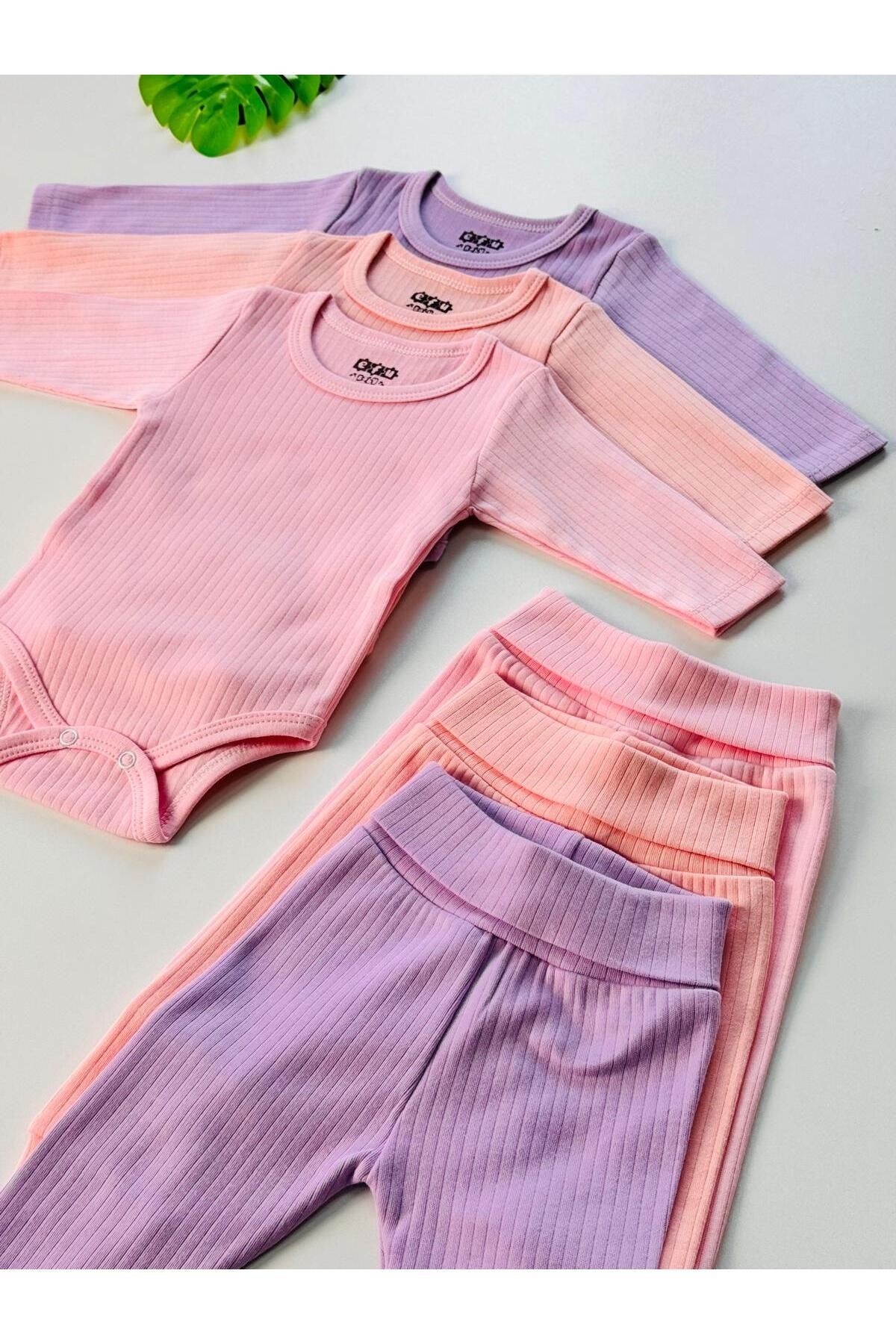 3'lü %100 Pamuklu Raporlu Kız Bebek Basic Body Pantolon Takım