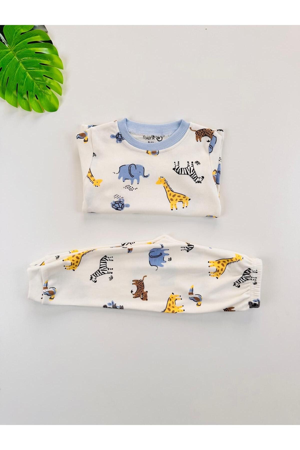 %100 Pamuklu Desenli Unisex Bebek Çocuk Pijama Takım