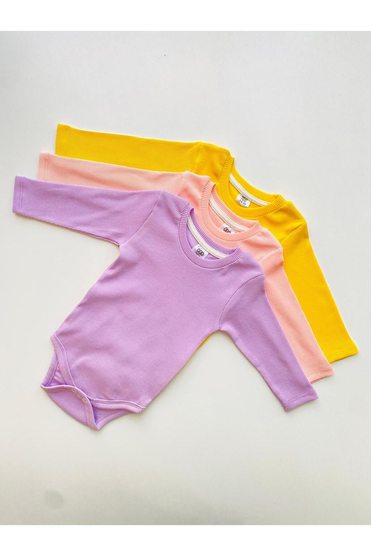 3'lü %100 Pamuklu Kaşkorse Uzun Kol Bebek Body
