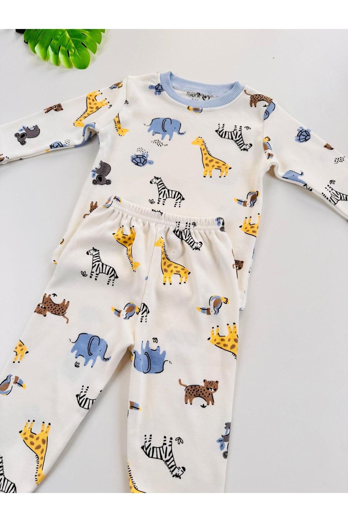 %100 Pamuklu Desenli Unisex Bebek Çocuk Pijama Takım
