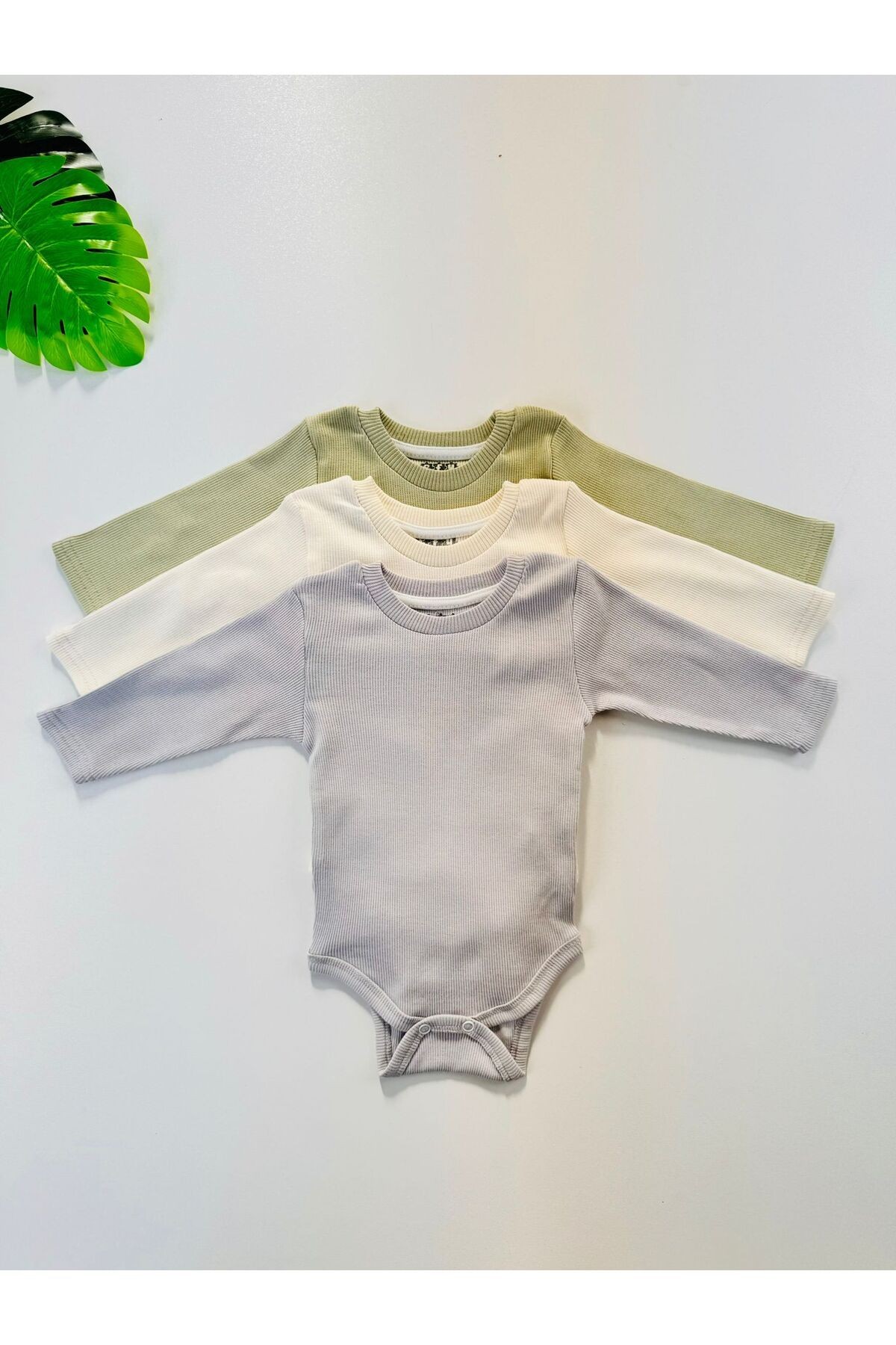 3'lü %100 Pamuklu Esnek Uzun Kol Kaşkorse Bebek Body Pantolon Takım