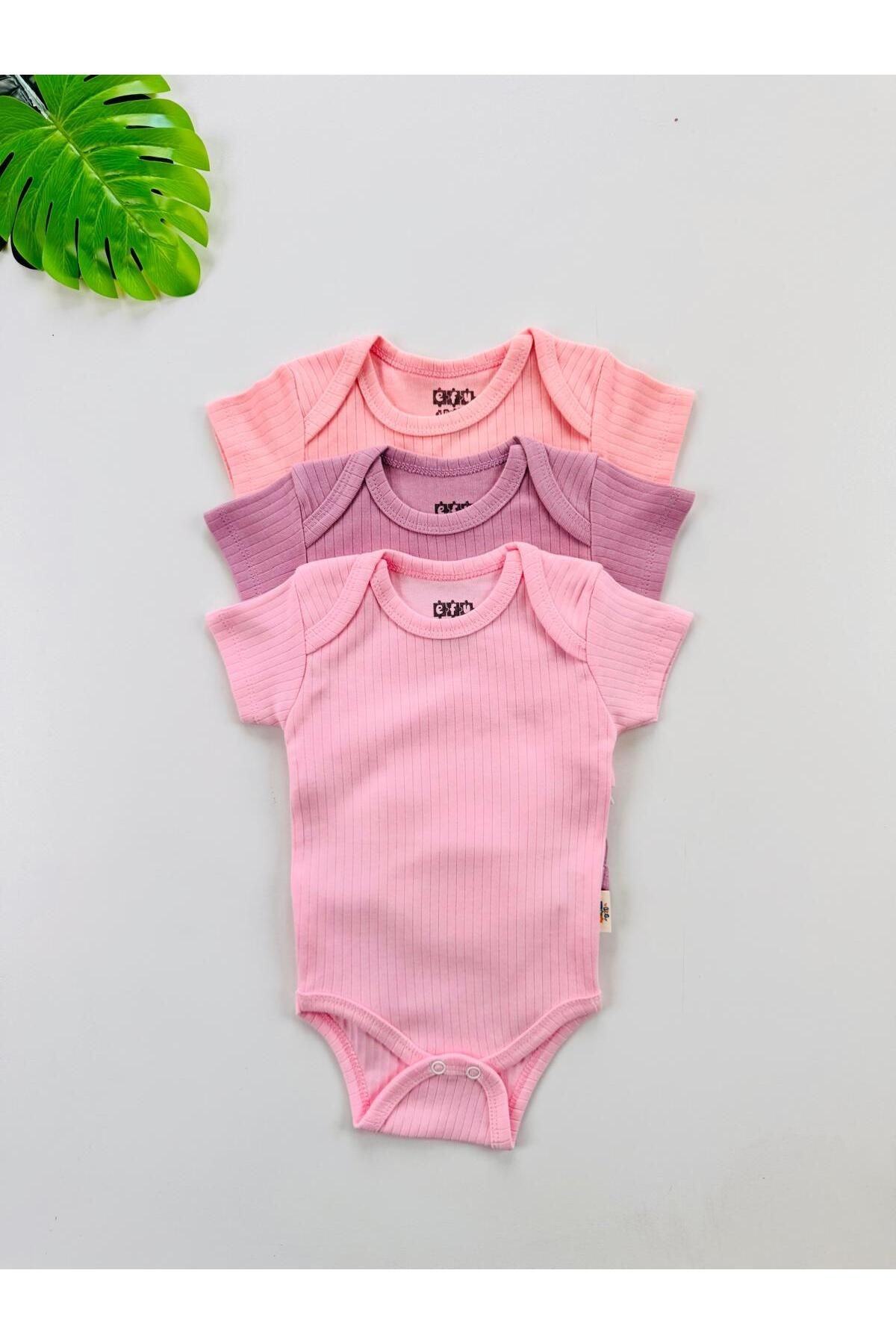3'lü %100 Pamuklu Kısa Kol Kız Bebek Body Pantolon Takım