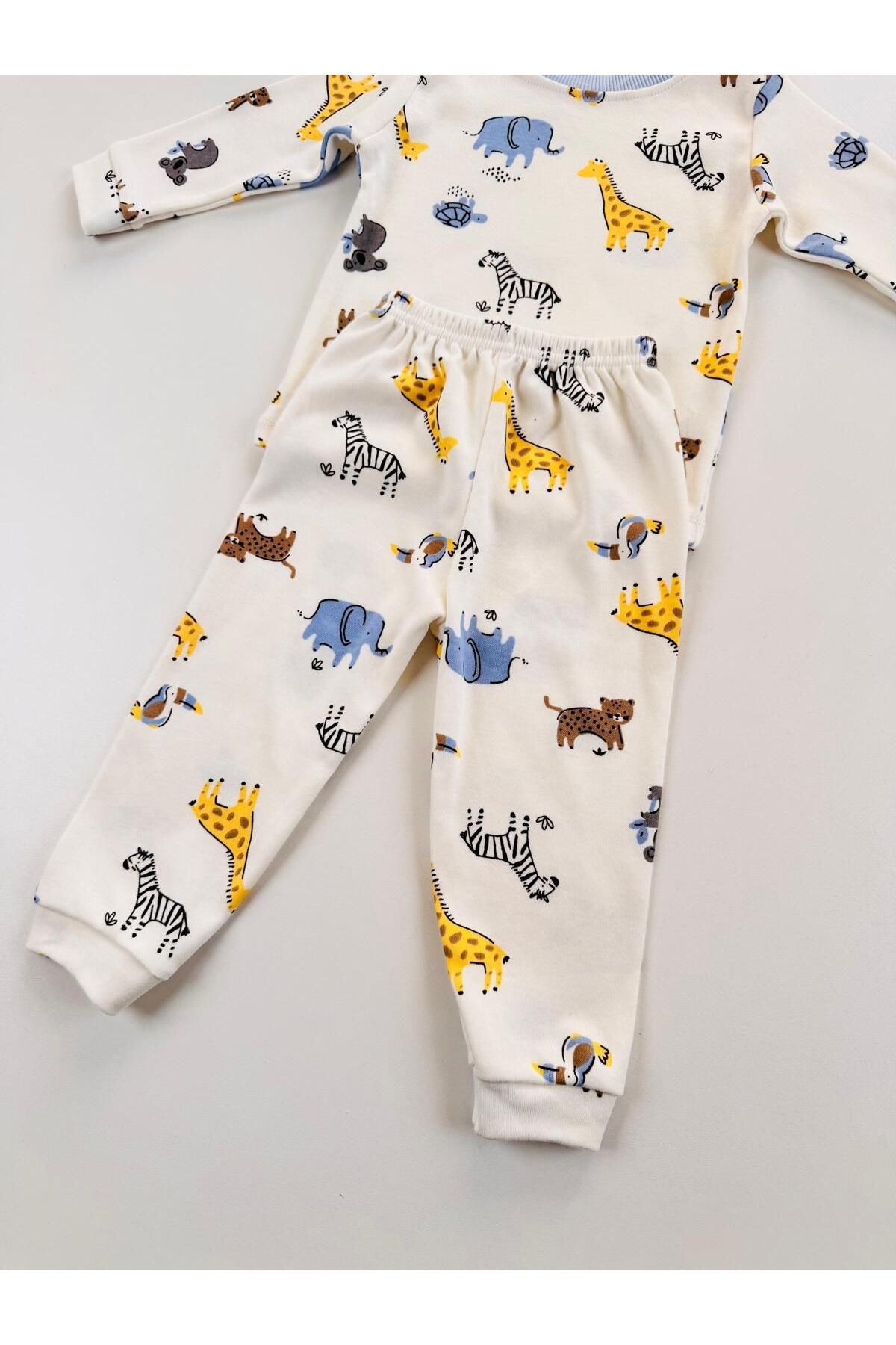 %100 Pamuklu Desenli Unisex Bebek Çocuk Pijama Takım