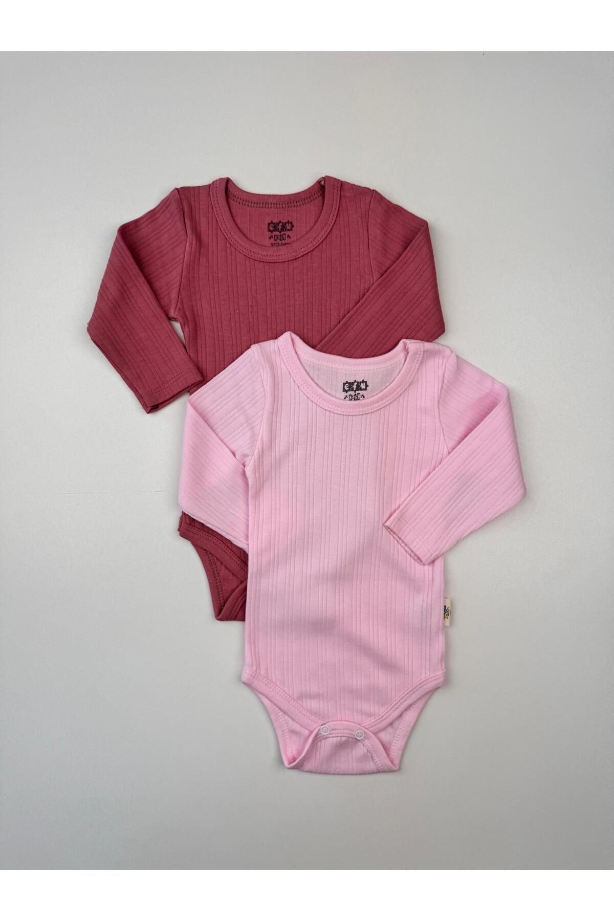 2'li Pamuklu Raporlu Uzun Kol Basic Bebek Body - vişne-pembe