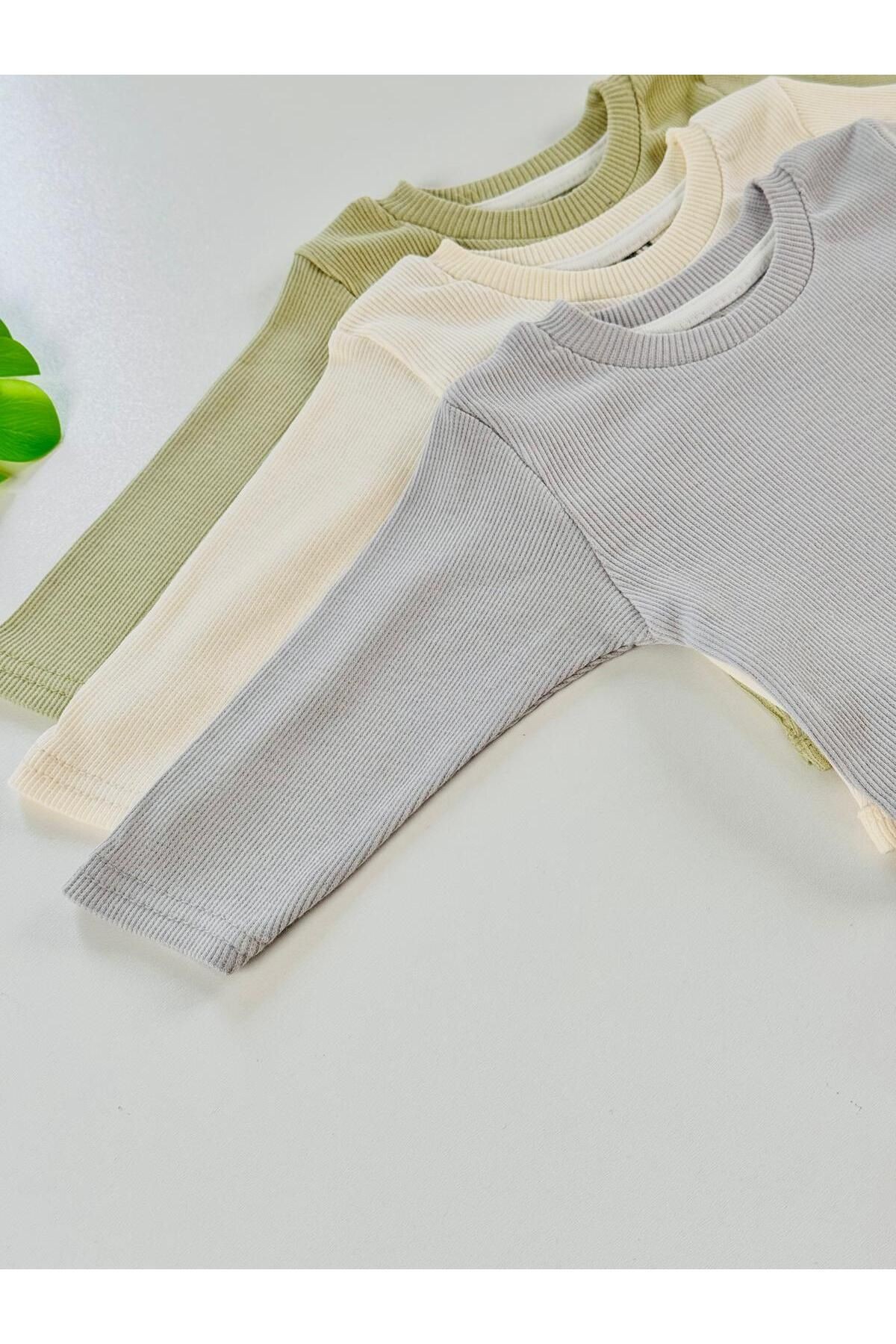 3'lü %100 Pamuklu Unisex Esnek Uzun Kol Kaşkorse Bebek Body Pantolon Takım