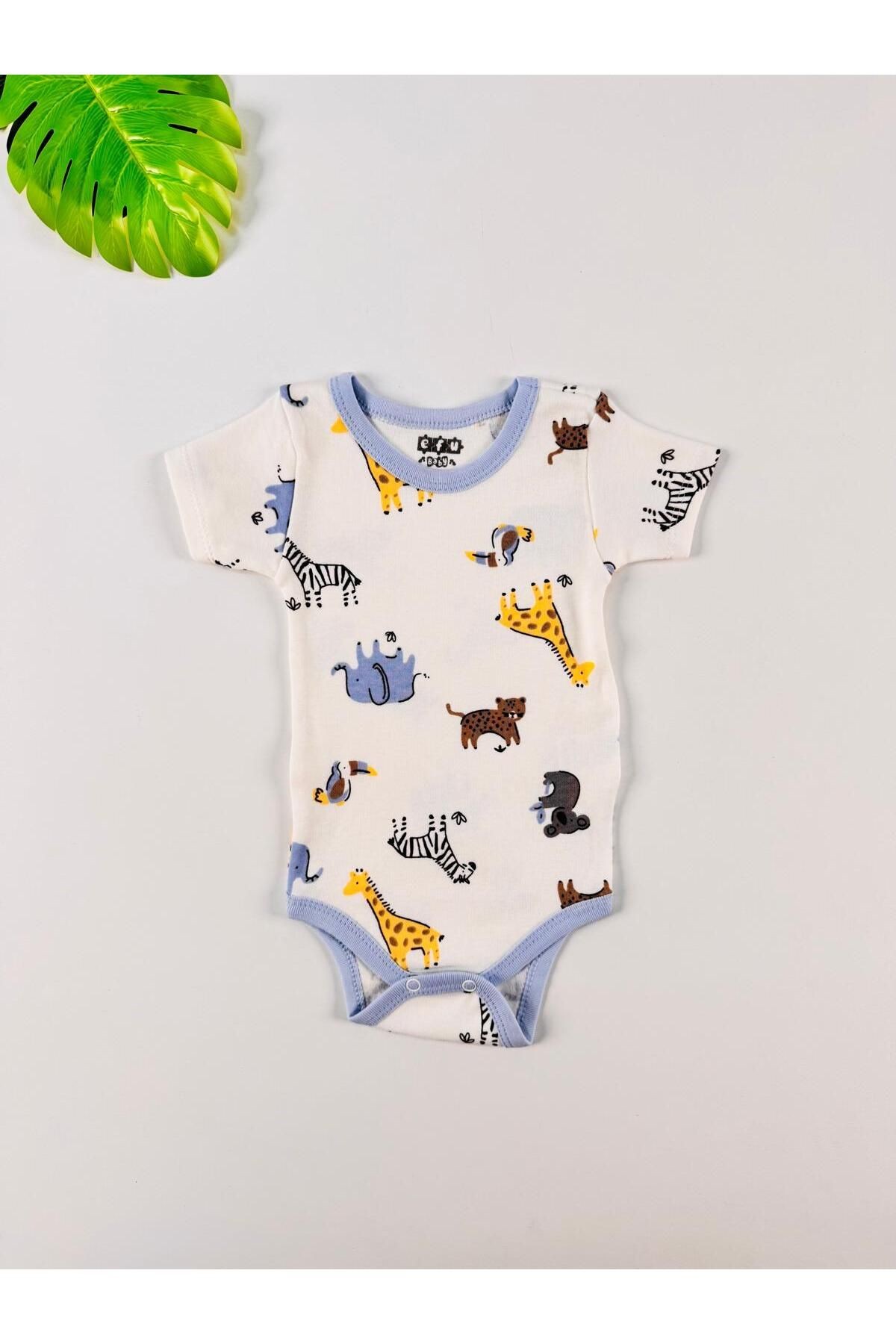 3'lü %100 Pamuklu Desenli Kısa Kol Unisex Bebek Body