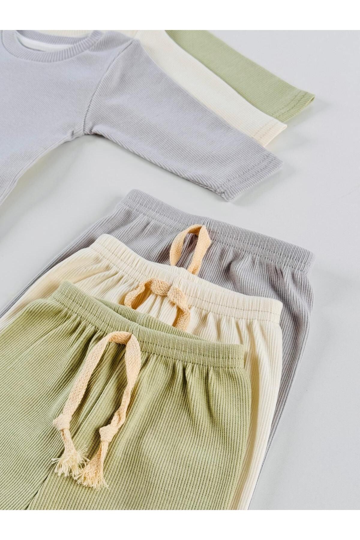 3'lü %100 Pamuklu Unisex Esnek Uzun Kol Kaşkorse Bebek Body Pantolon Takım