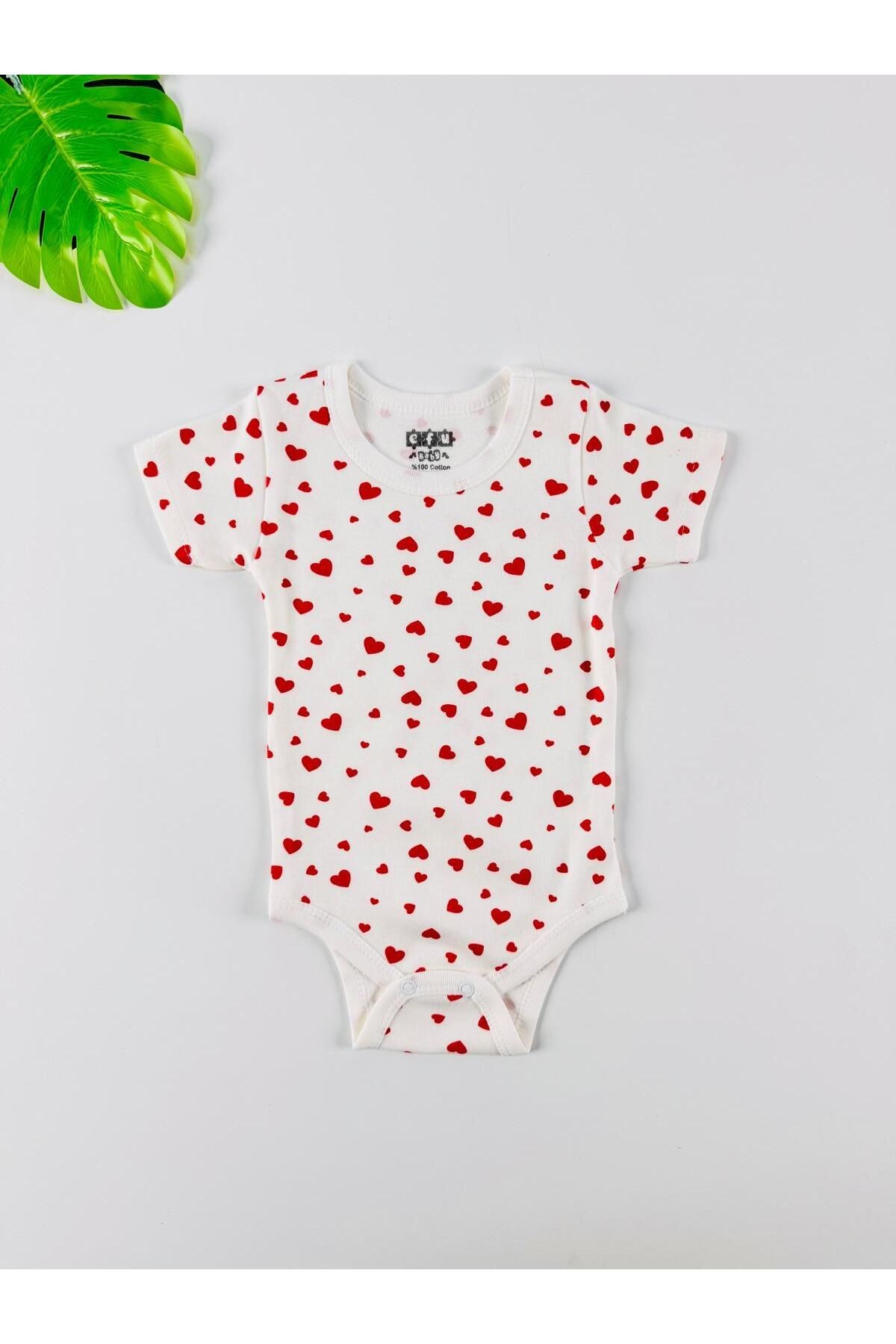 3'lü %100 Pamuklu Kalp Desenli Kısa Kol Kız Bebek Body
