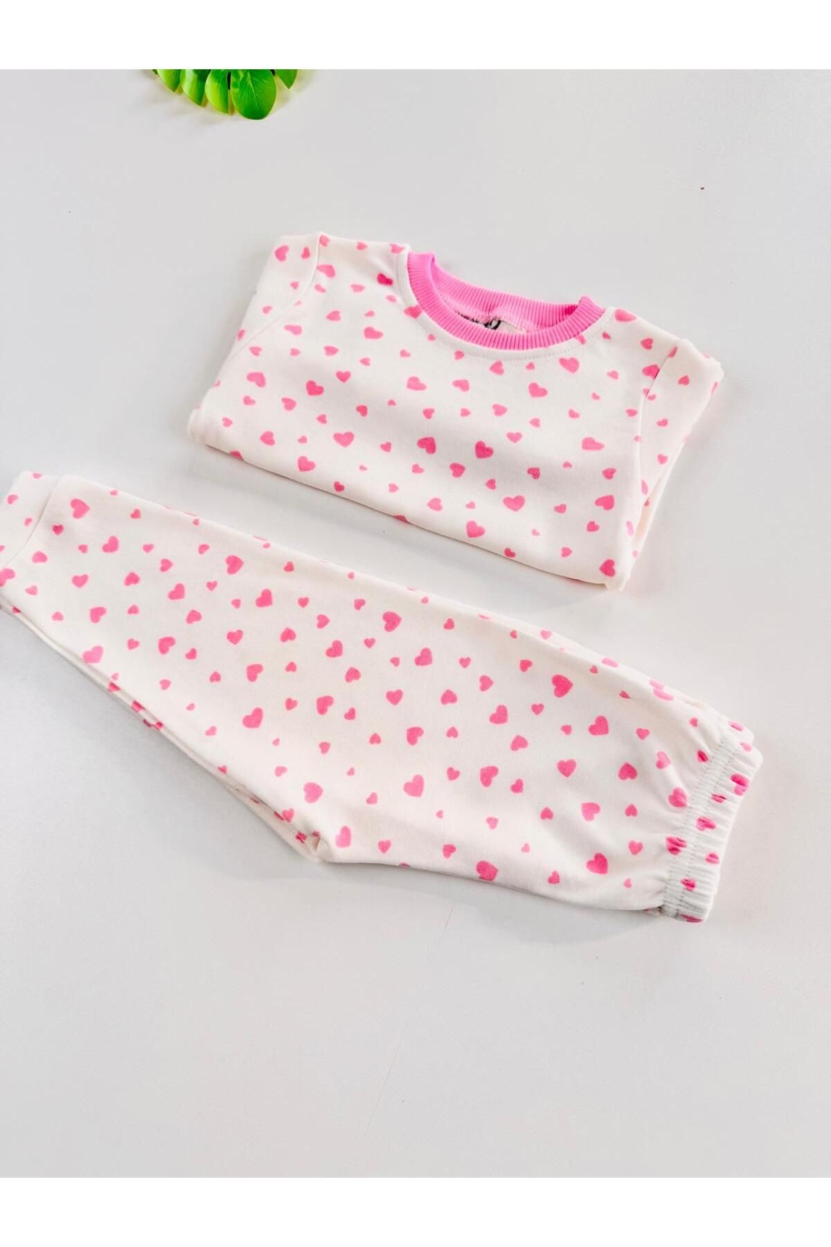 %100 Pamuklu Kalp Desenli Bebek Çocuk Pijama Takım