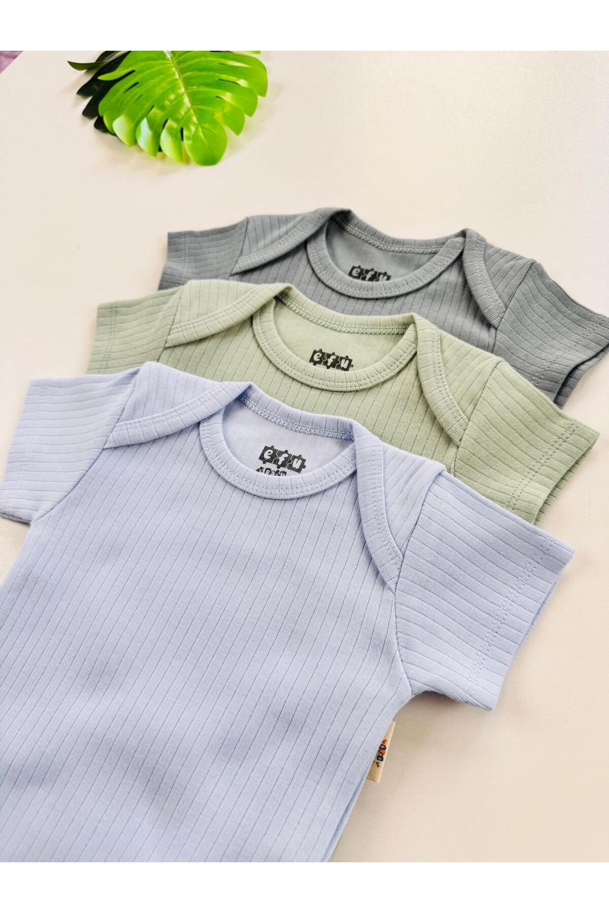 3'lü %100 Pamuklu Unisex Kısa Kol Bebek Body Pantolon Takım