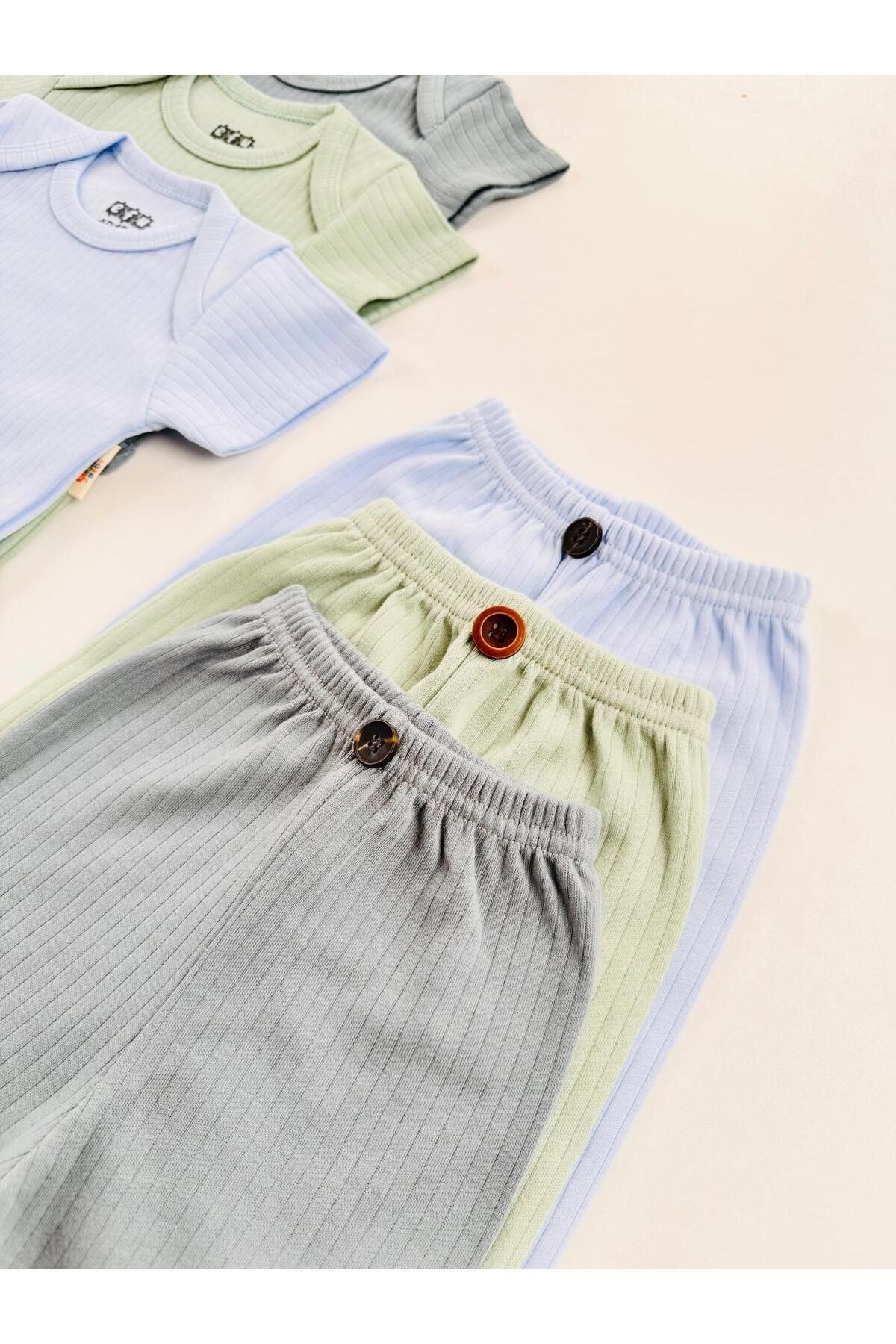 3'lü %100 Pamuklu Unisex Kısa Kol Bebek Body Pantolon Takım