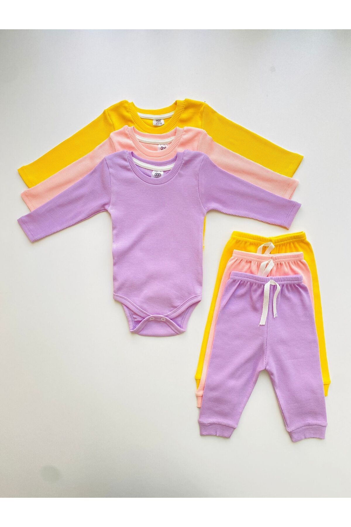 3'lü %100 Pamuklu Uzun Kol Bebek Body Pantolon Takım