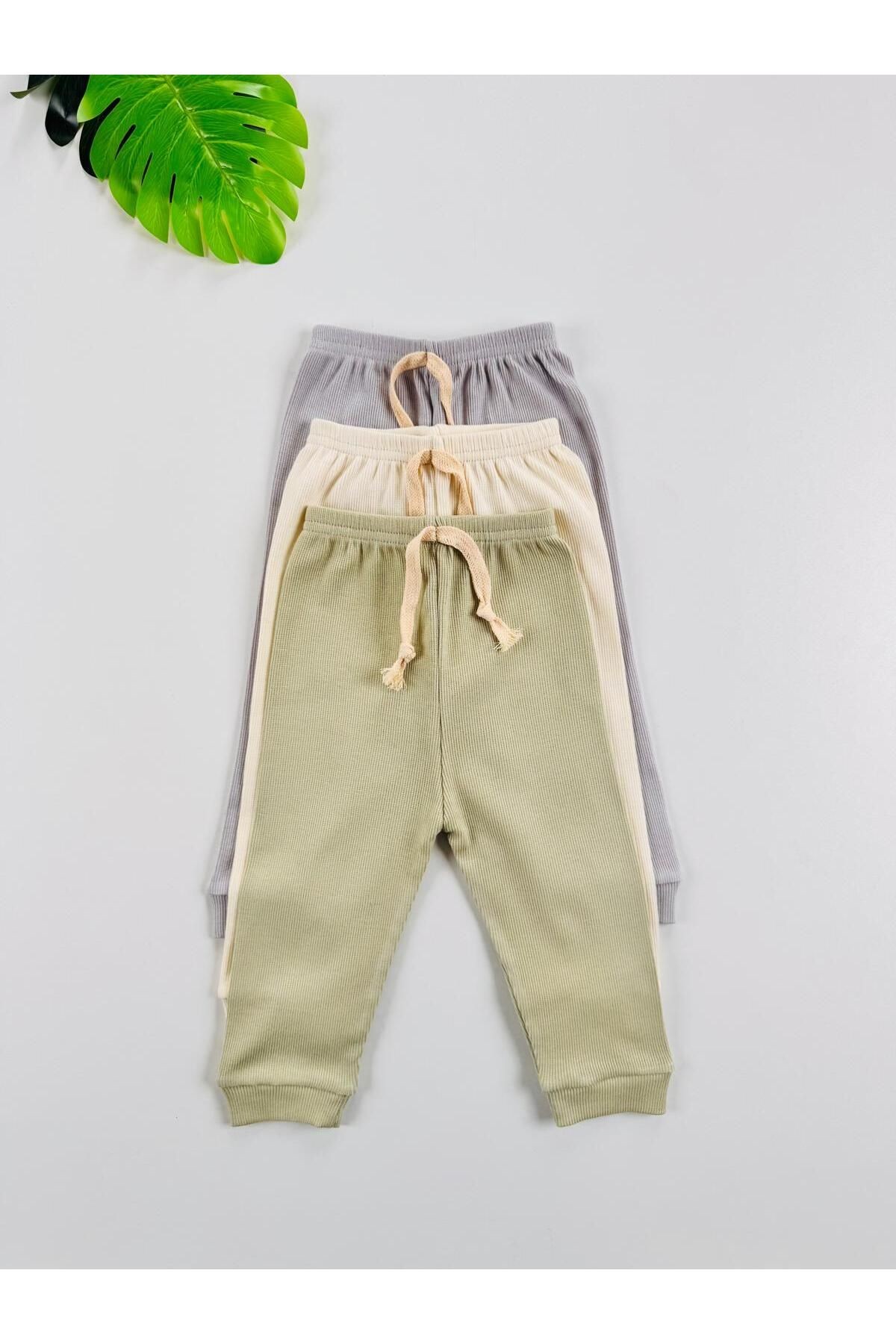 3'lü %100 Pamuklu Unisex Esnek Kısa Kol Kaşkorse Bebek Body Pantolon Takım