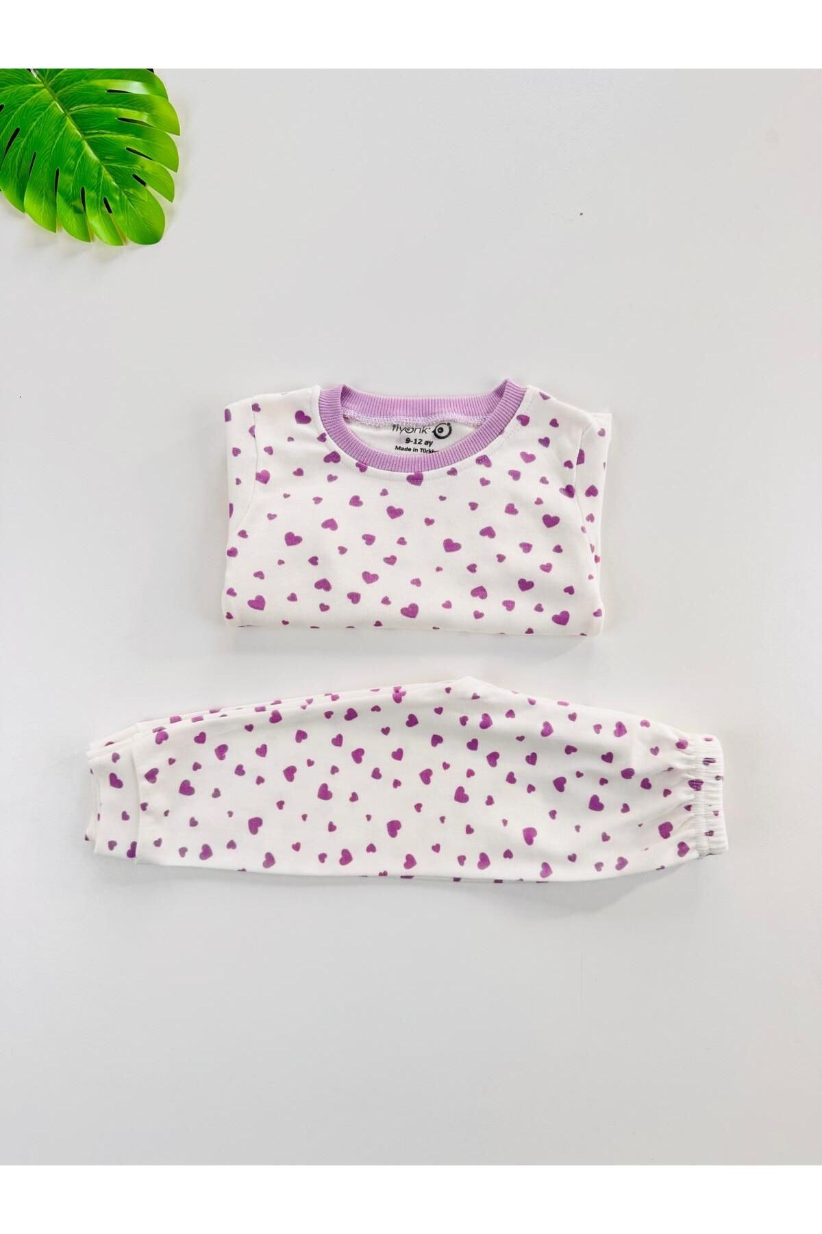 %100 Pamuklu Kalp Desenli Bebek Çocuk Pijama Takım