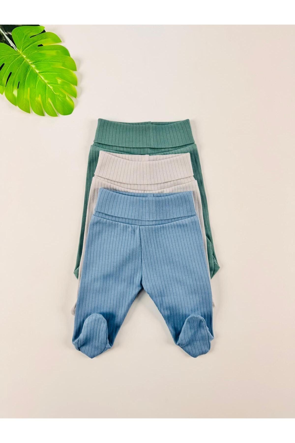 3'lü %100 Pamuklu Raporlu Unisex Basic Patikli Bebek Pantolon - çok renkli