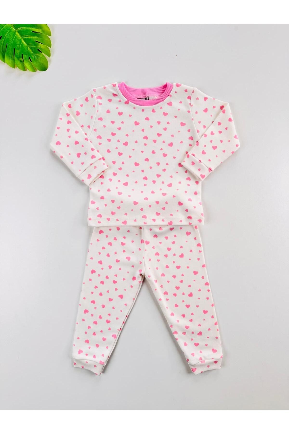%100 Pamuklu Kalp Desenli Bebek Çocuk Pijama Takım