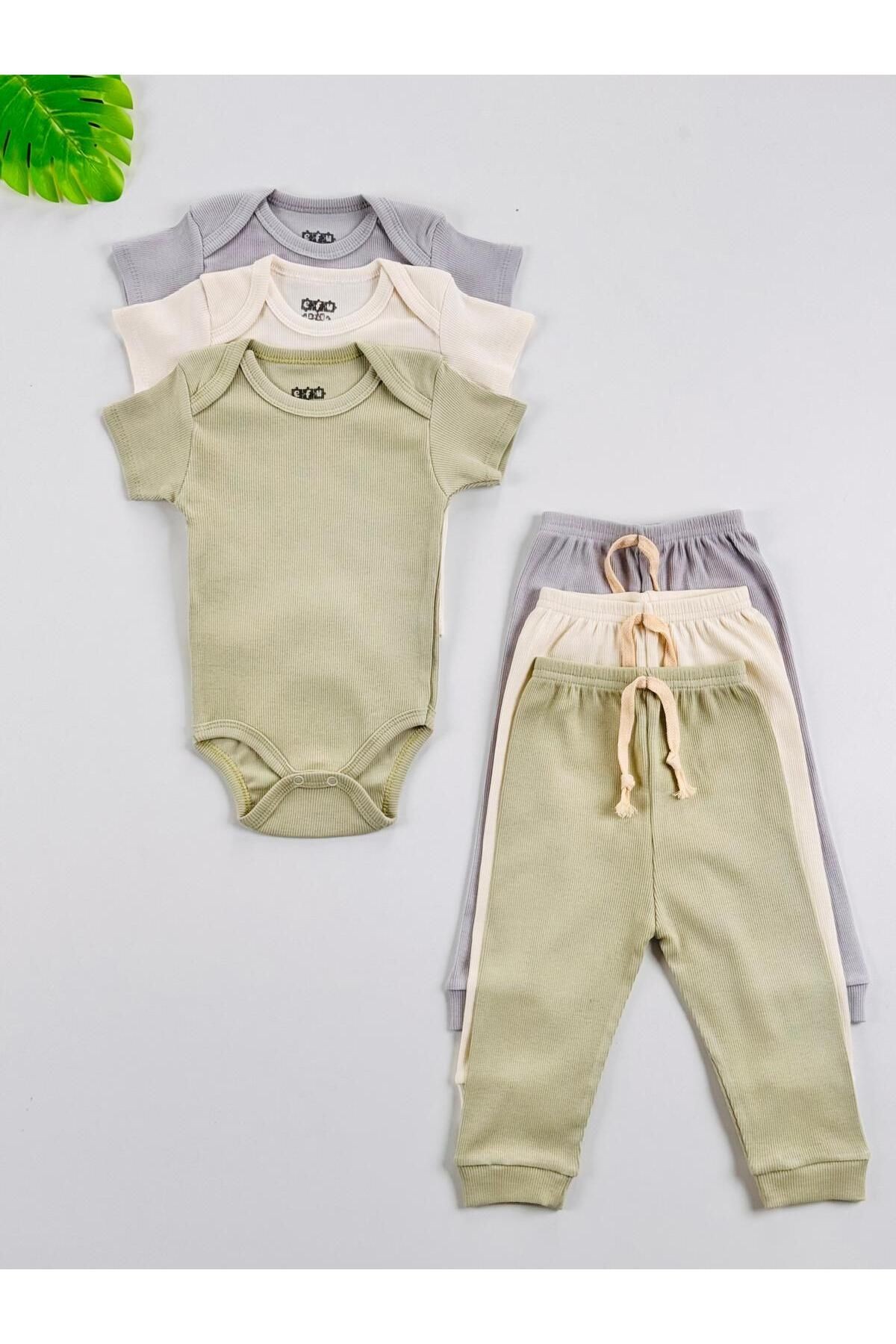 3'lü %100 Pamuklu Unisex Esnek Kısa Kol Kaşkorse Bebek Body Pantolon Takım