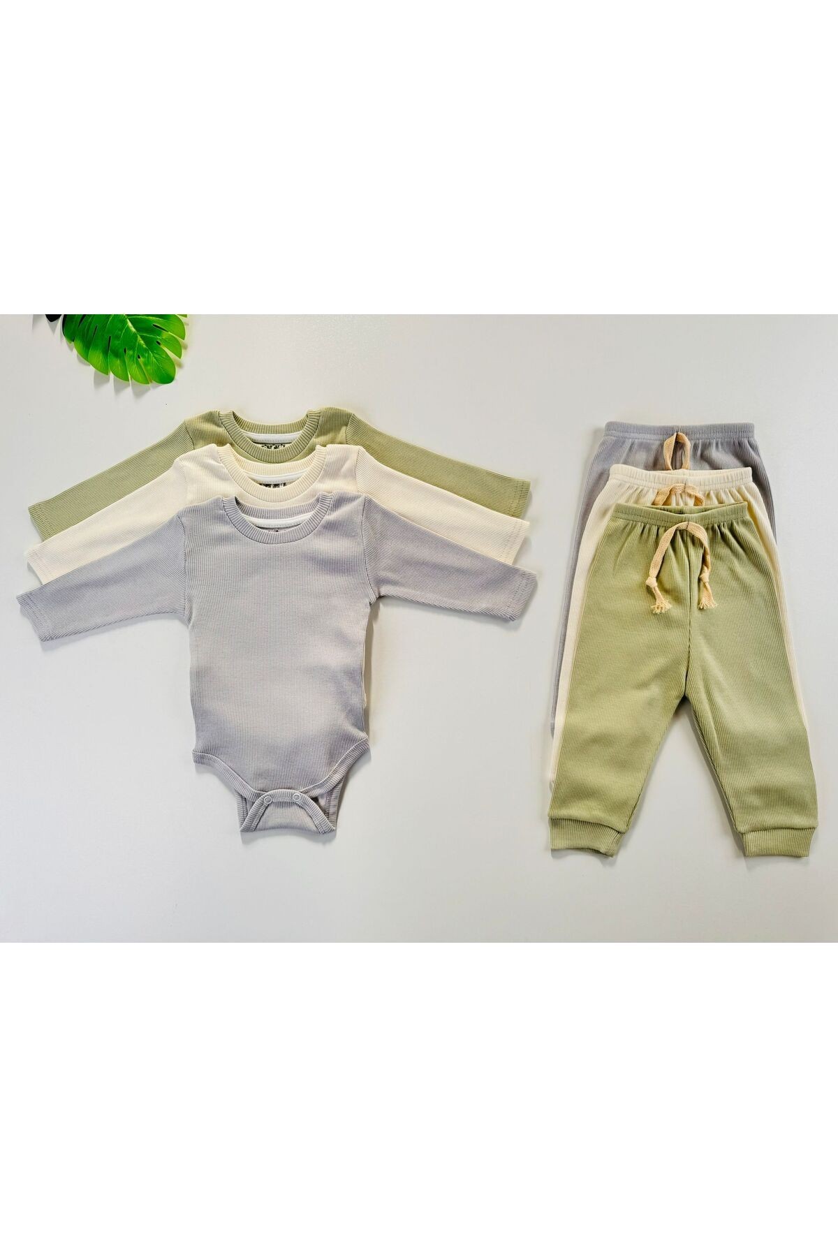 3'lü %100 Pamuklu Esnek Uzun Kol Kaşkorse Bebek Body Pantolon Takım