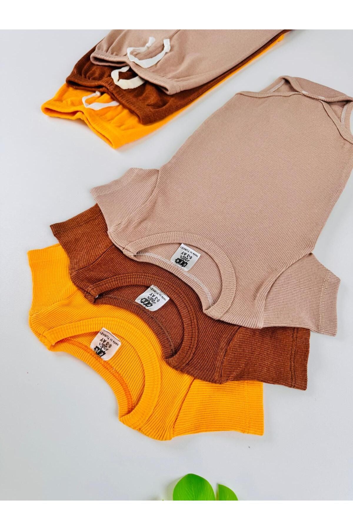 3'lü Unisex Esnek Kaşkorse Kısa Kol Bebek Body Pantolon Takım