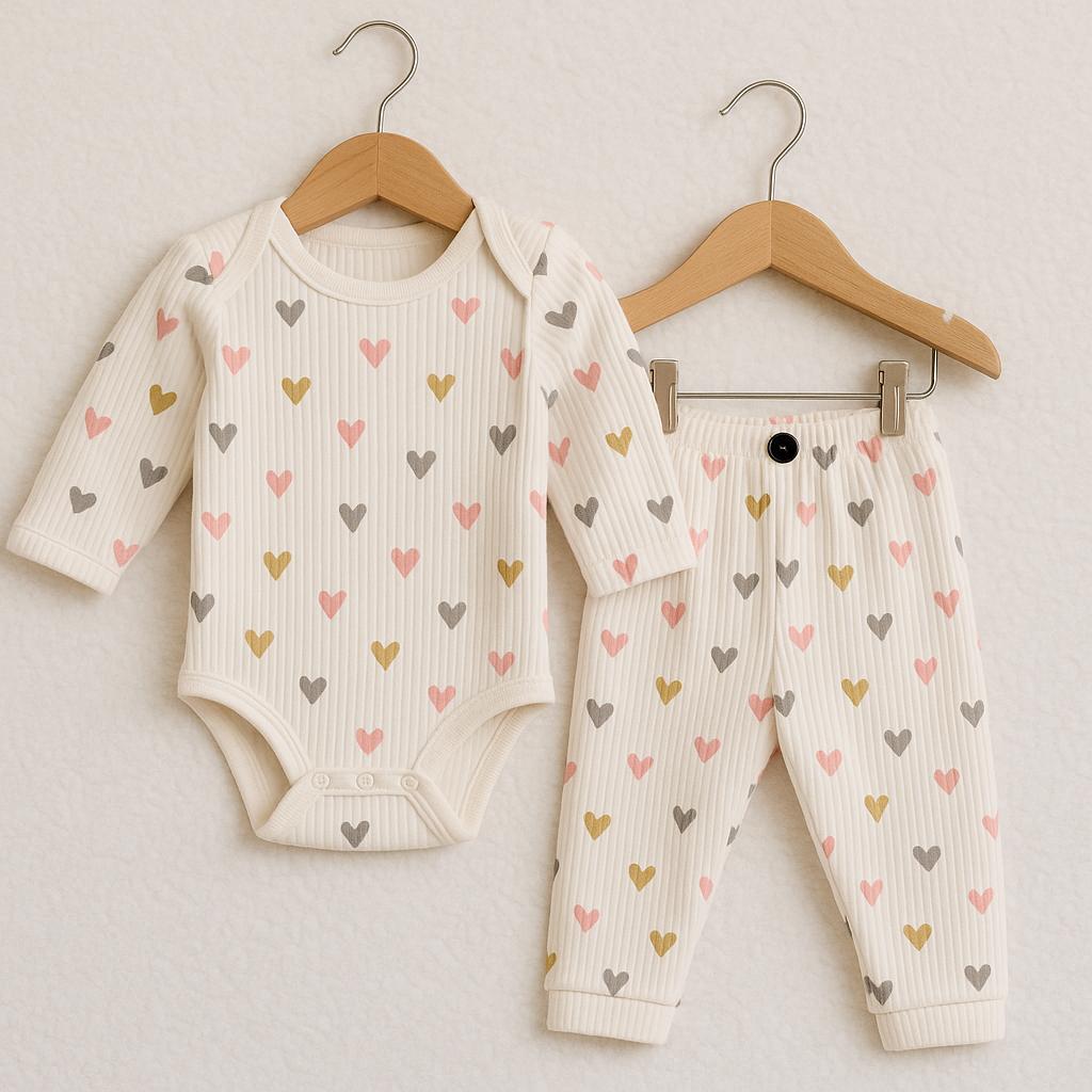 2li Kalp Desenli %100 Pamuklu Raporlu Kız Bebek Takım