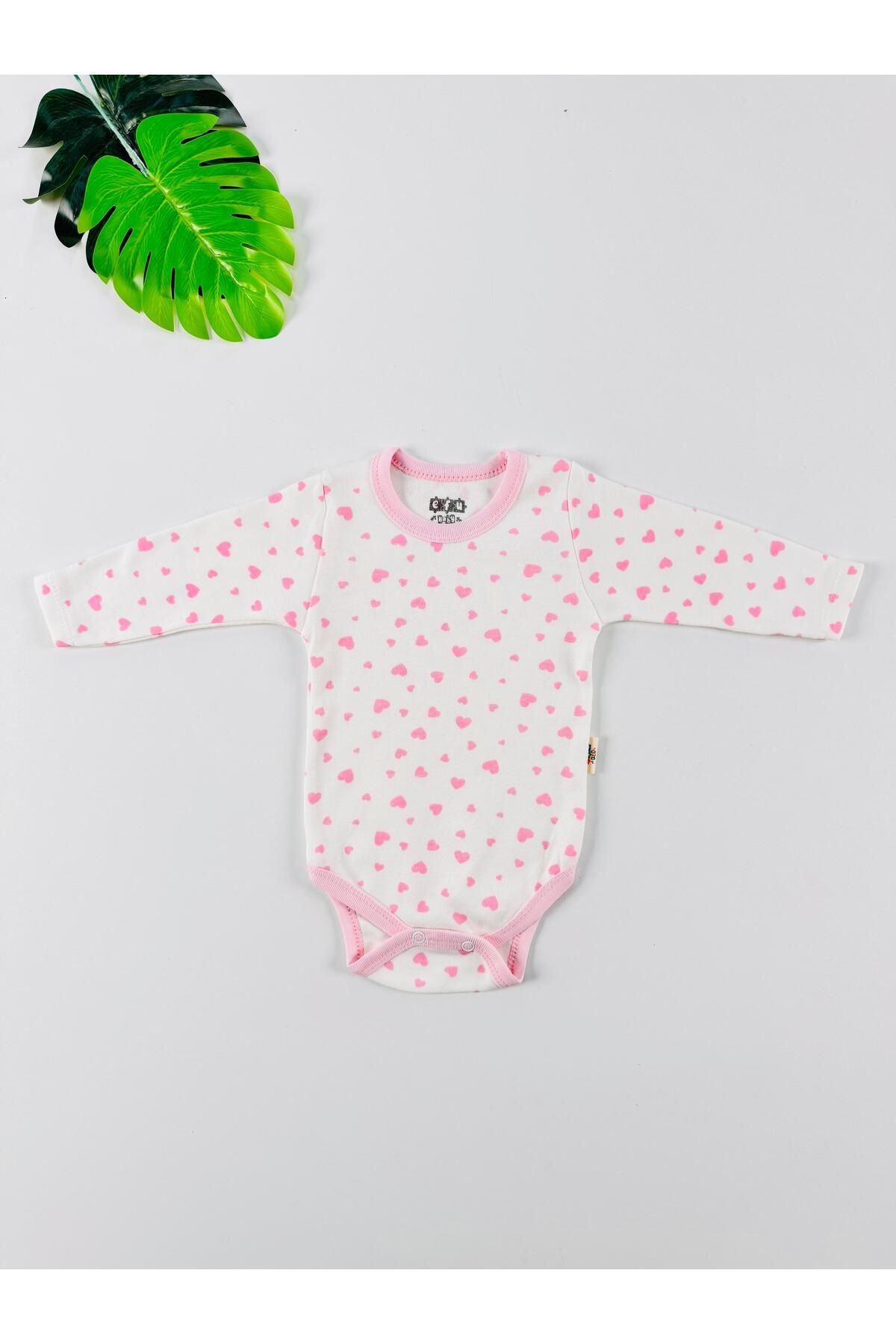 3'lü %100 Pamuklu Kalp Desenli Uzun Kol Kız Bebek Body