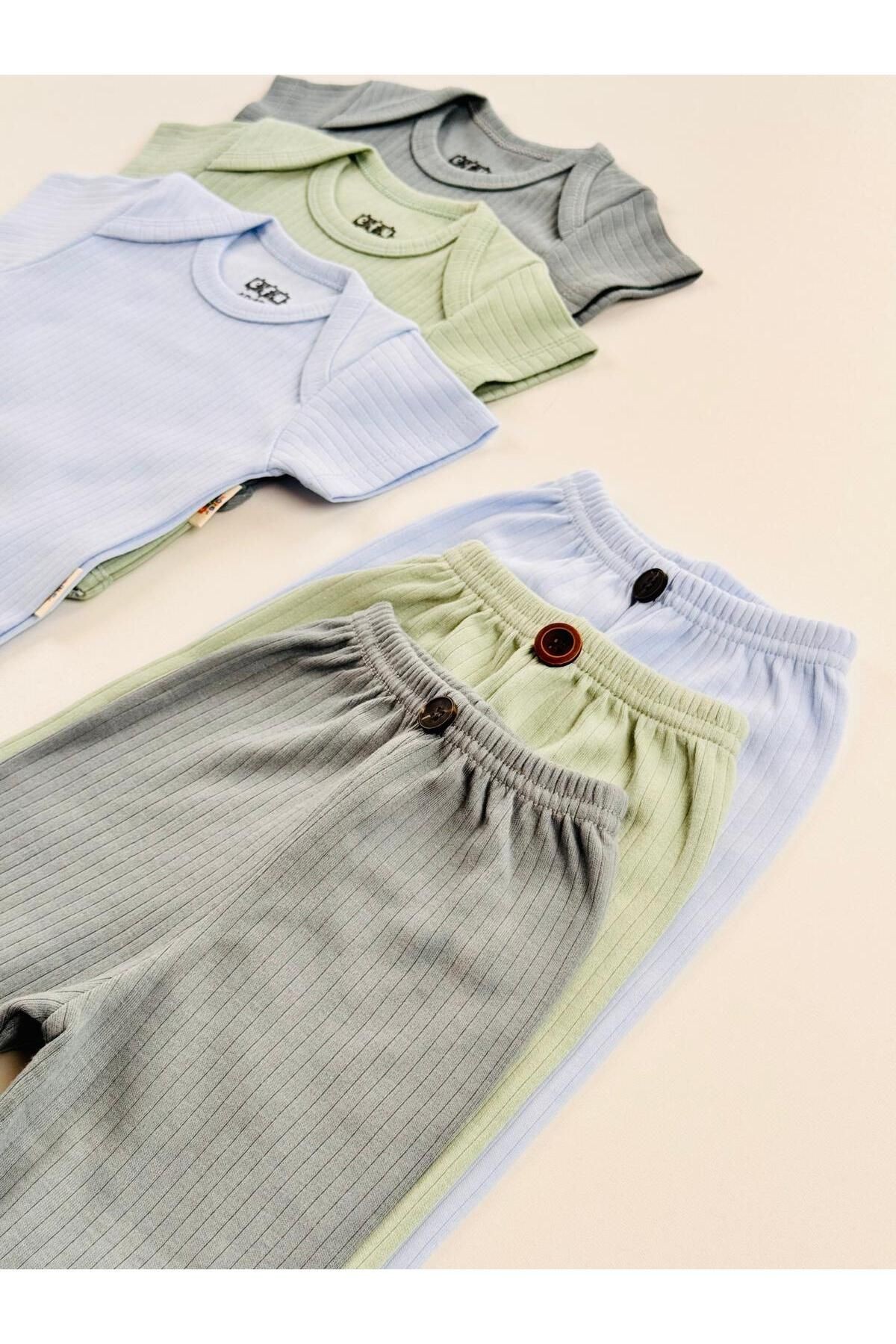 3'lü %100 Pamuklu Unisex Kısa Kol Bebek Body Pantolon Takım