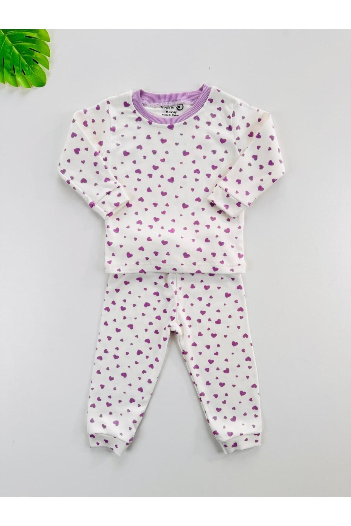 %100 Pamuklu Kalp Desenli Bebek Çocuk Pijama Takım