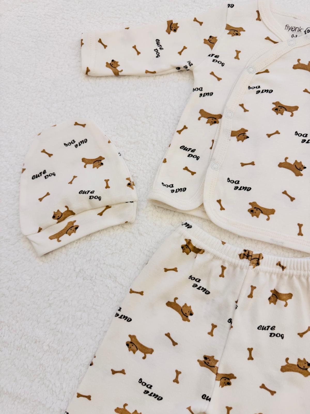 3lü Köpek Desenli Bereli Unisex Bebek Yenidoğan Zıbın Set