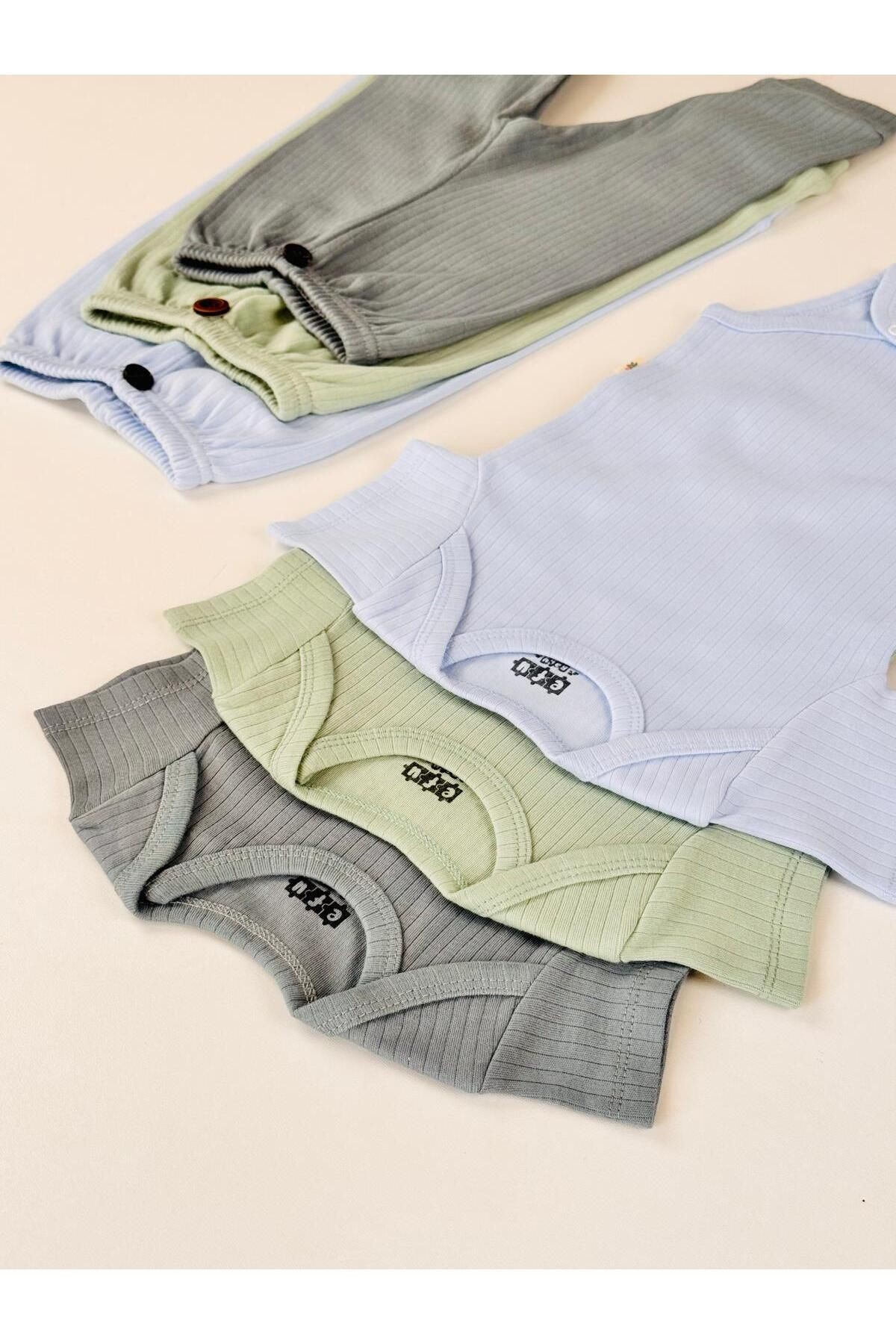 3'lü %100 Pamuklu Unisex Kısa Kol Bebek Body Pantolon Takım
