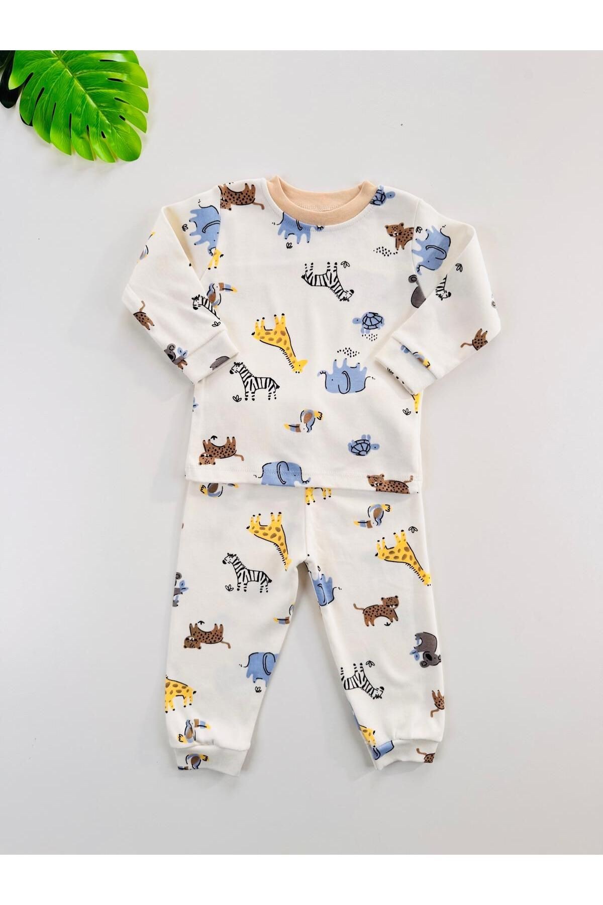 %100 Pamuklu Desenli Unisex Bebek Çocuk Pijama Takım
