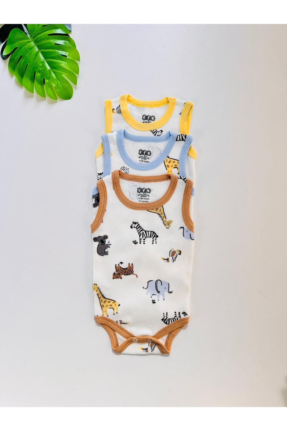 3'lü %100 Pamuklu Desenli Kısa Kol Unisex Bebek Body